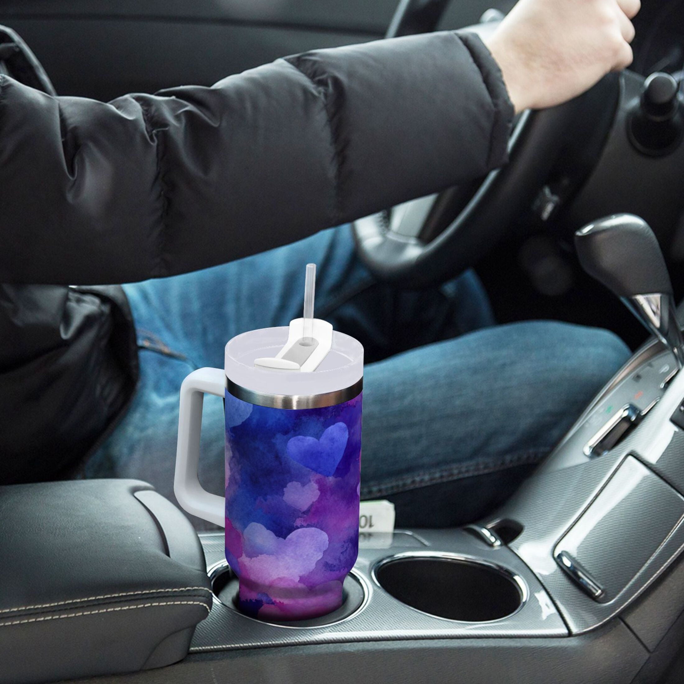 30 oz Insulated Stainless Steel Tumbler Double Wall Stainless Steel Tumbler with 2-Way Drinking Indigo and Violet Hearts C479N