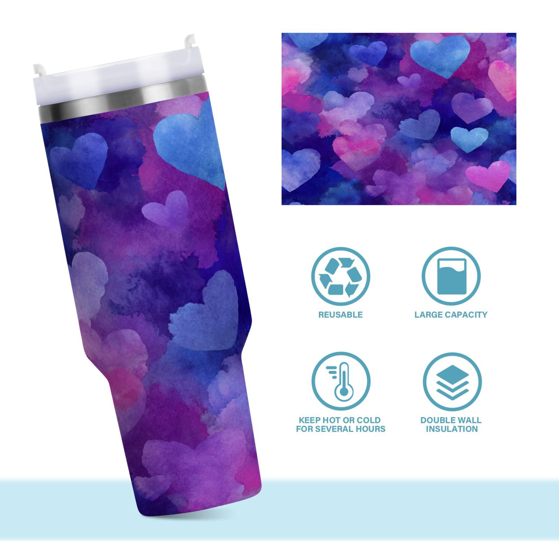 30 oz Insulated Stainless Steel Tumbler Double Wall Stainless Steel Tumbler with 2-Way Drinking Indigo and Violet Hearts C479N