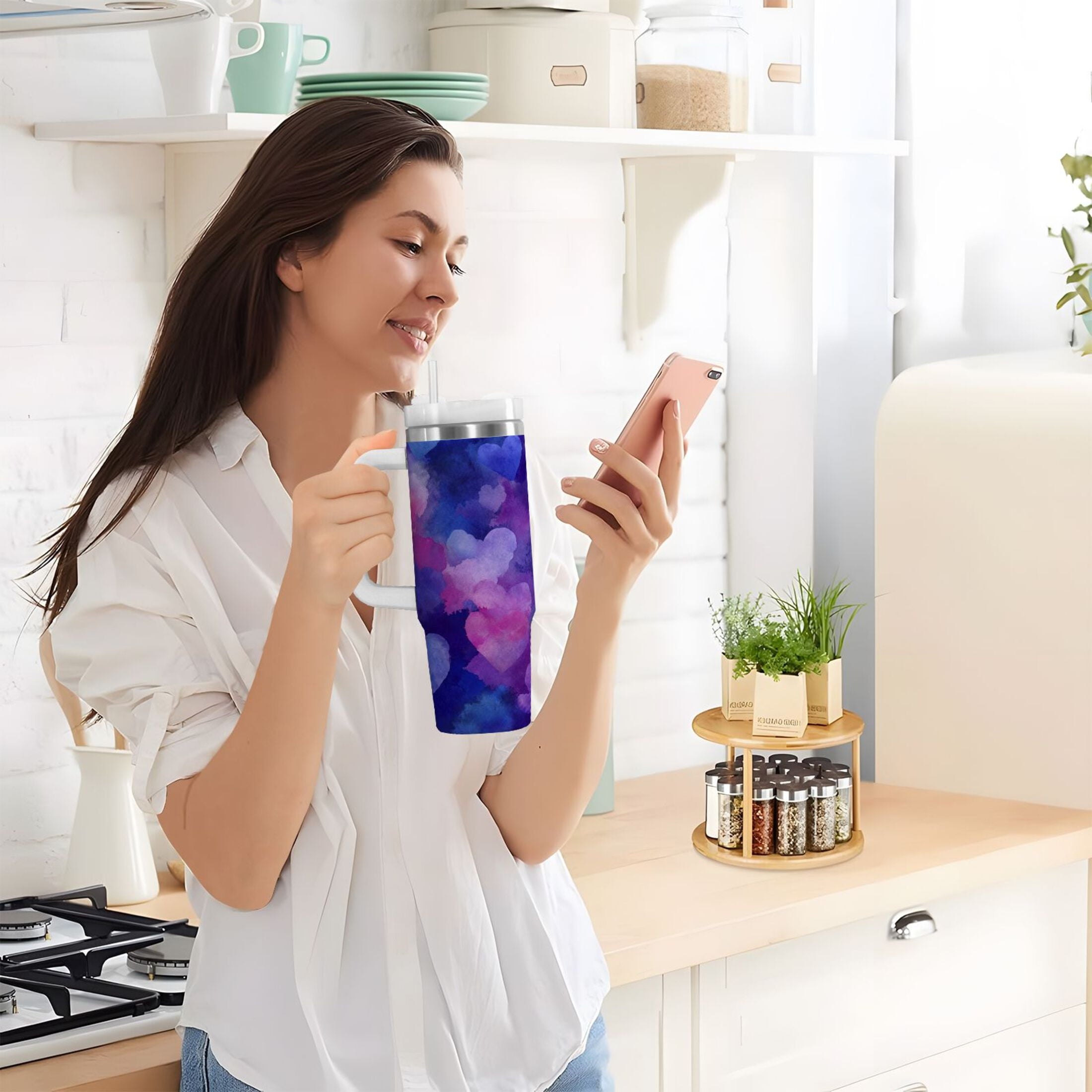 30 oz Insulated Stainless Steel Tumbler Double Wall Stainless Steel Tumbler with 2-Way Drinking Indigo and Violet Hearts C479N