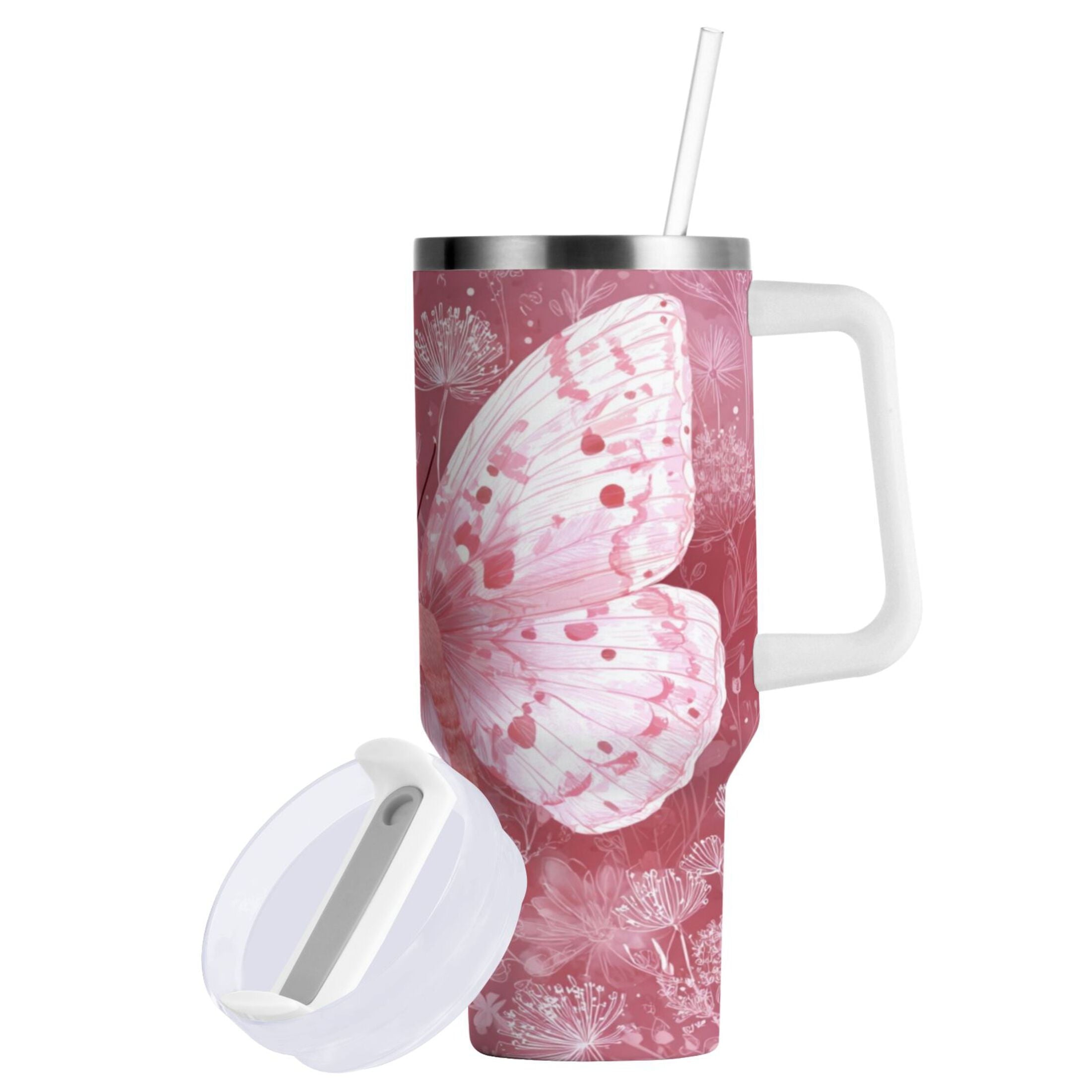 30 oz Insulated Stainless Steel Tumbler Double Wall Stainless Steel Tumbler with 2-Way Drinking Soft Pink Butterfly C561Z