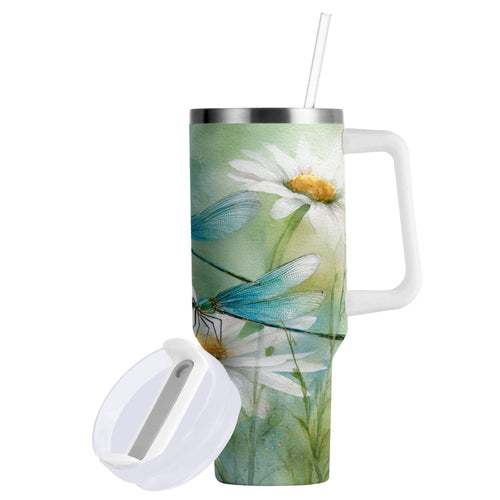 30 oz Insulated Stainless Steel Tumbler Double Wall Stainless Steel Tumbler with 2-Way Drinking Beautiful Dragonflies and Daisies C638G