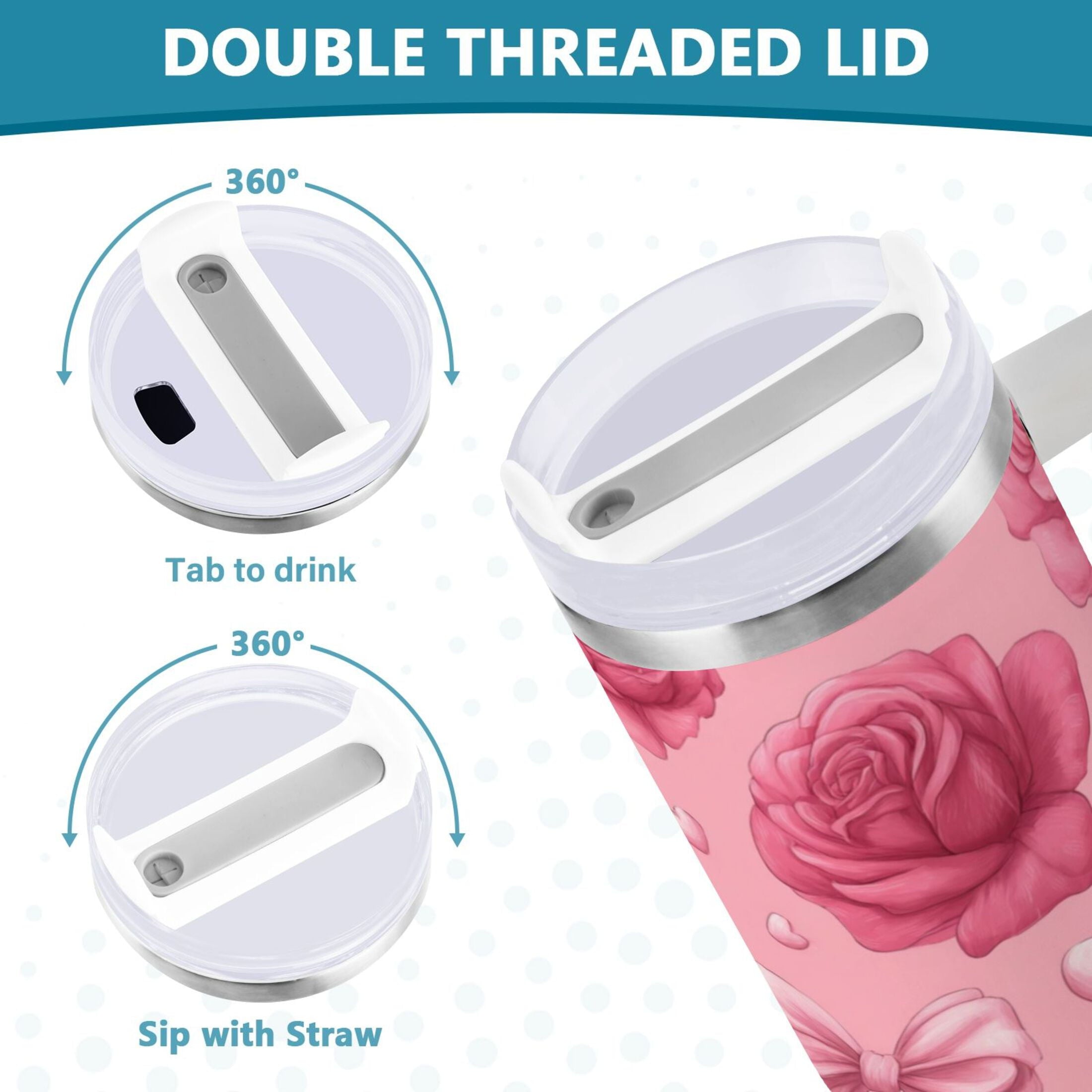 40 oz Insulated Stainless Steel Tumbler Double Wall Stainless Steel Tumbler with 2-Way Drinking Roses and Bows Pattern C661Q