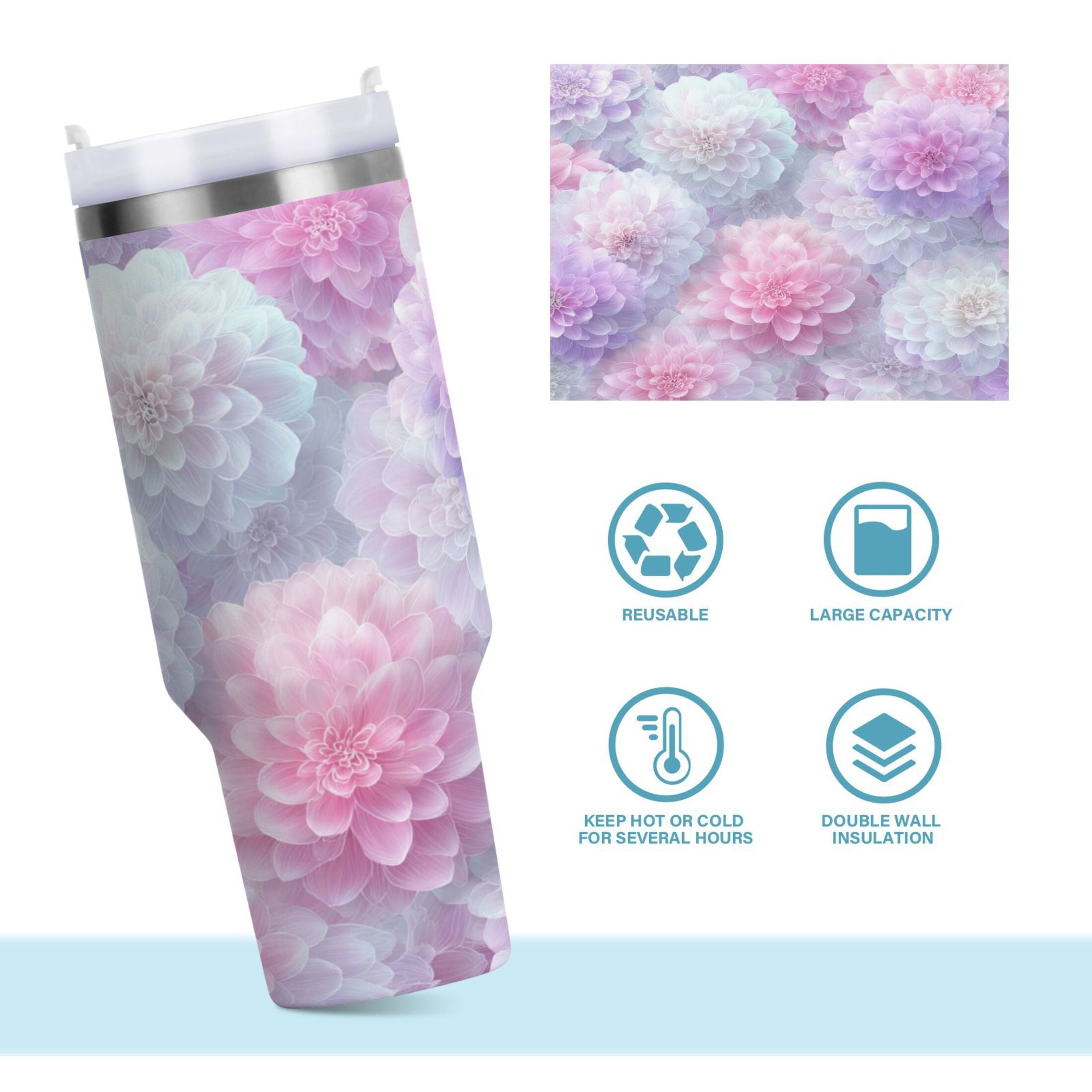 30 oz Insulated Stainless Steel Tumbler Double Wall Stainless Steel Tumbler with 2-Way Drinking Cute Pastel Watercolor Floral C578A
