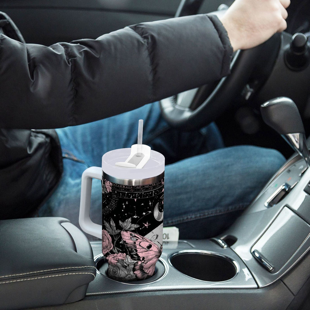 30 oz Insulated Stainless Steel Tumbler Double Wall Stainless Steel Tumbler with 2-Way Drinking Butterfly by Moon and Flowers C542G