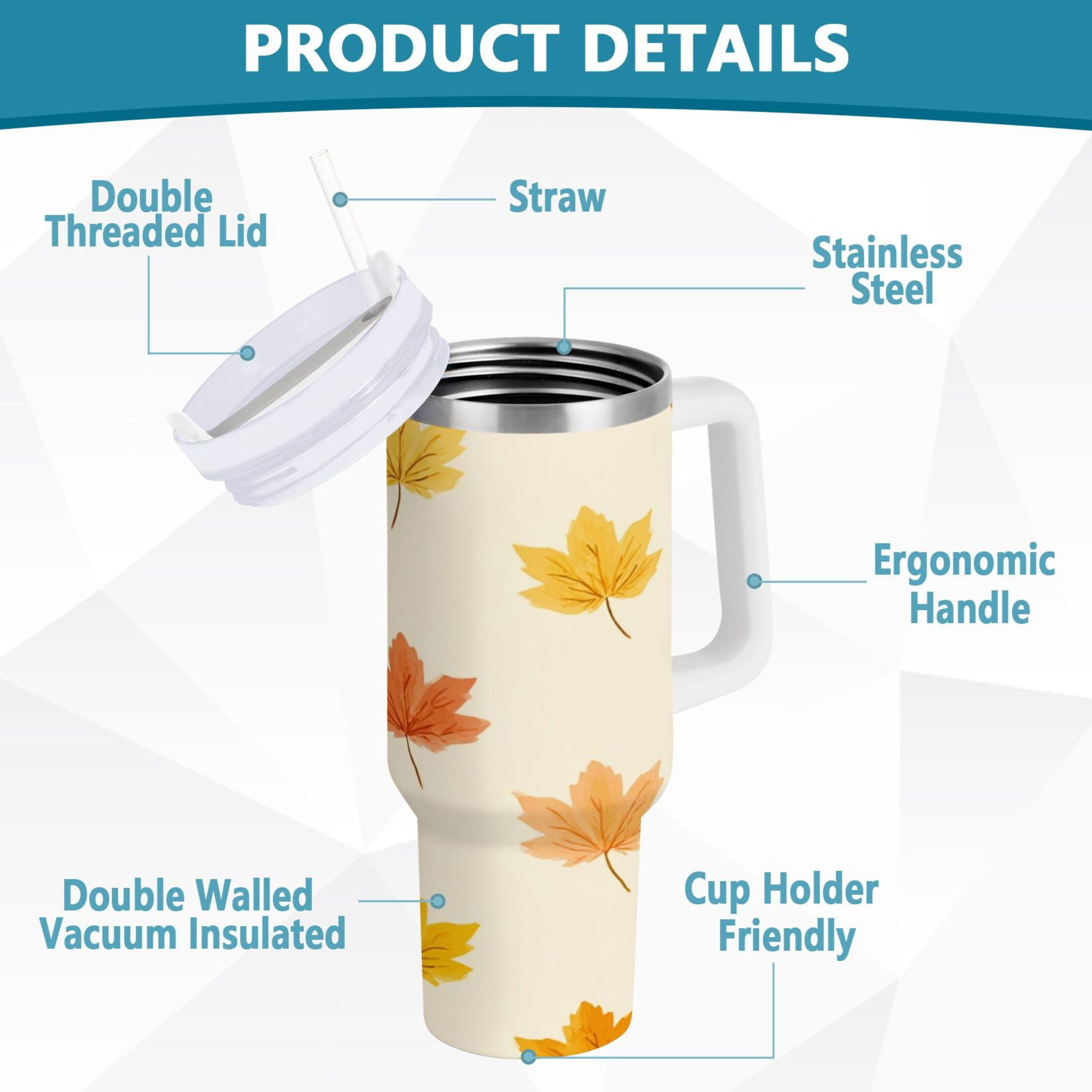 40 oz Insulated Stainless Steel Tumbler Double Wall Stainless Steel Tumbler with 2-Way Drinking Yellow Maple Leaves Pattern C483M