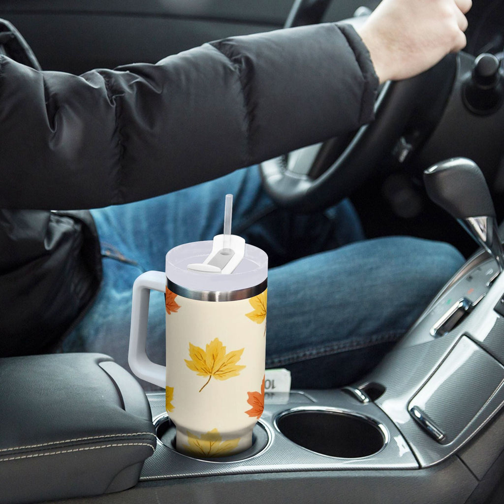 40 oz Insulated Stainless Steel Tumbler Double Wall Stainless Steel Tumbler with 2-Way Drinking Yellow Maple Leaves Pattern C483M
