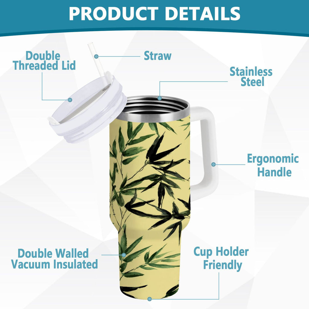 30 oz Insulated Stainless Steel Tumbler Double Wall Stainless Steel Tumbler with 2-Way Drinking Bamboo and Green Leaves C633Y