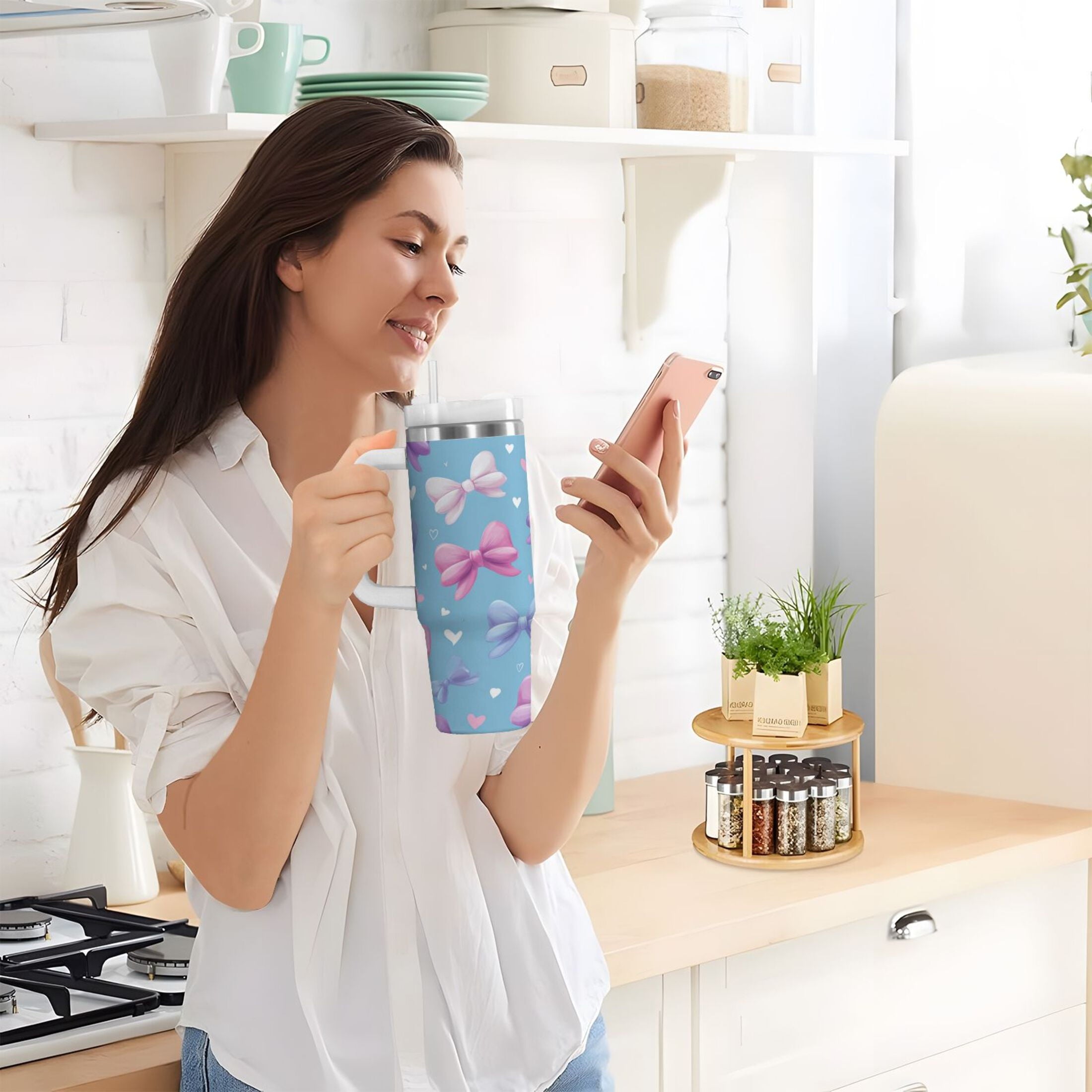 30 oz Insulated Stainless Steel Tumbler Double Wall Stainless Steel Tumbler with 2-Way Drinking Pink and Purple Bows C526T