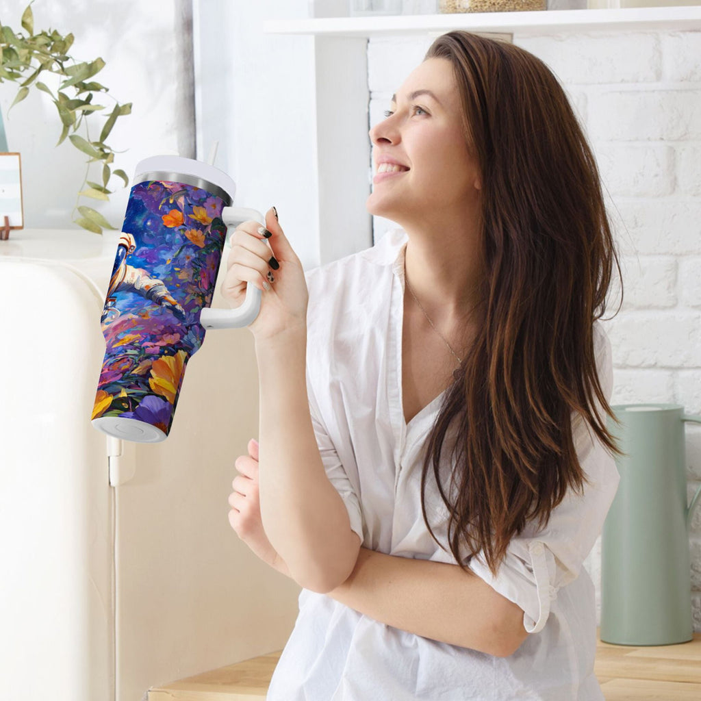 40 oz Insulated Stainless Steel Tumbler Double Wall Stainless Steel Tumbler with 2-Way Drinking Astronaut and Colorful Flowers C562V