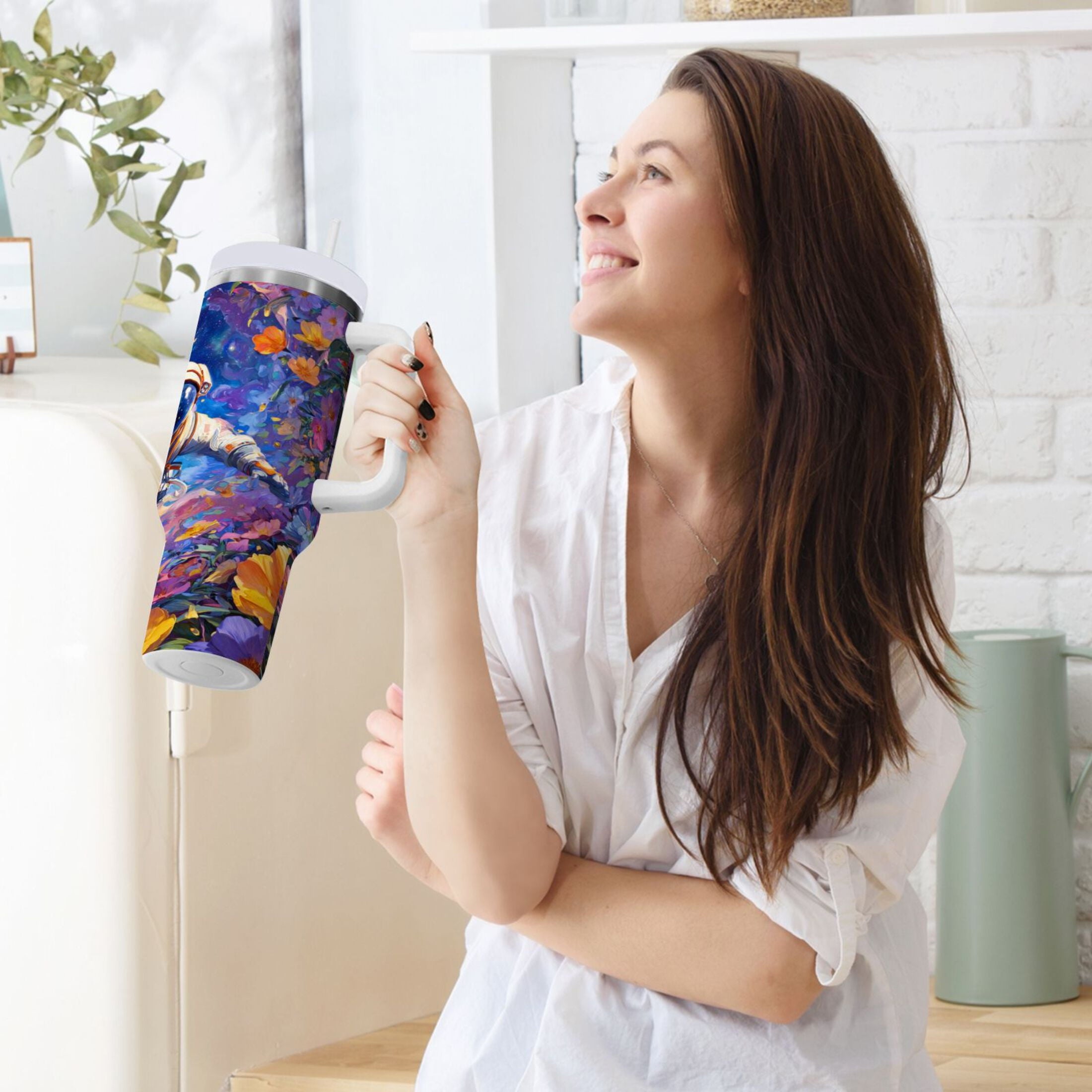 40 oz Insulated Stainless Steel Tumbler Double Wall Stainless Steel Tumbler with 2-Way Drinking Astronaut and Colorful Flowers C562V