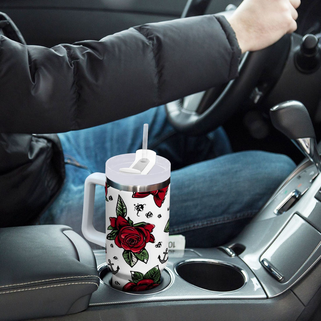 40 oz Insulated Stainless Steel Tumbler Double Wall Stainless Steel Tumbler with 2-Way Drinking Red Roses and Cherries C599Z