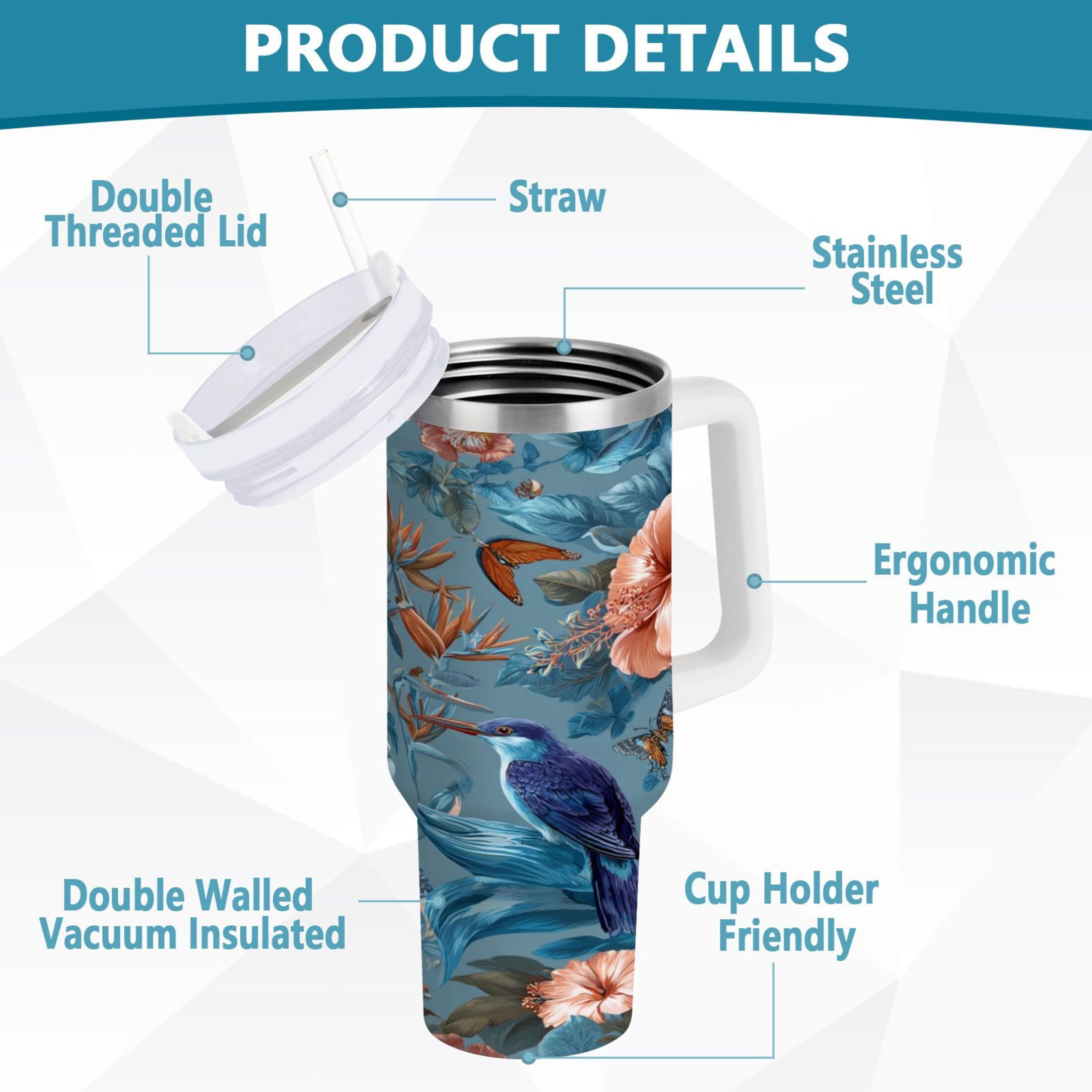 30 oz Insulated Stainless Steel Tumbler Double Wall Stainless Steel Tumbler with 2-Way Drinking Birds and Flowers C552B