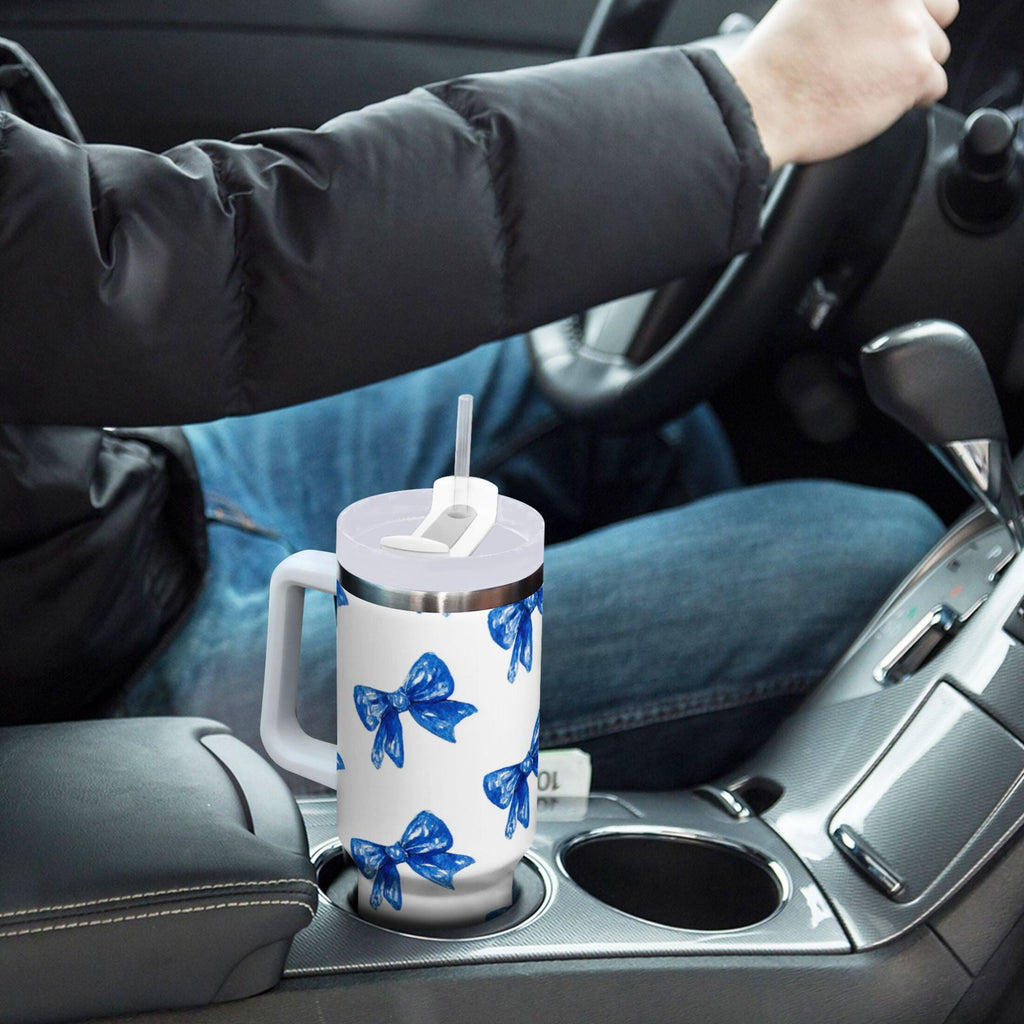 30 oz Insulated Stainless Steel Tumbler Double Wall Stainless Steel Tumbler with 2-Way Drinking Blue Bows Pattern C620X