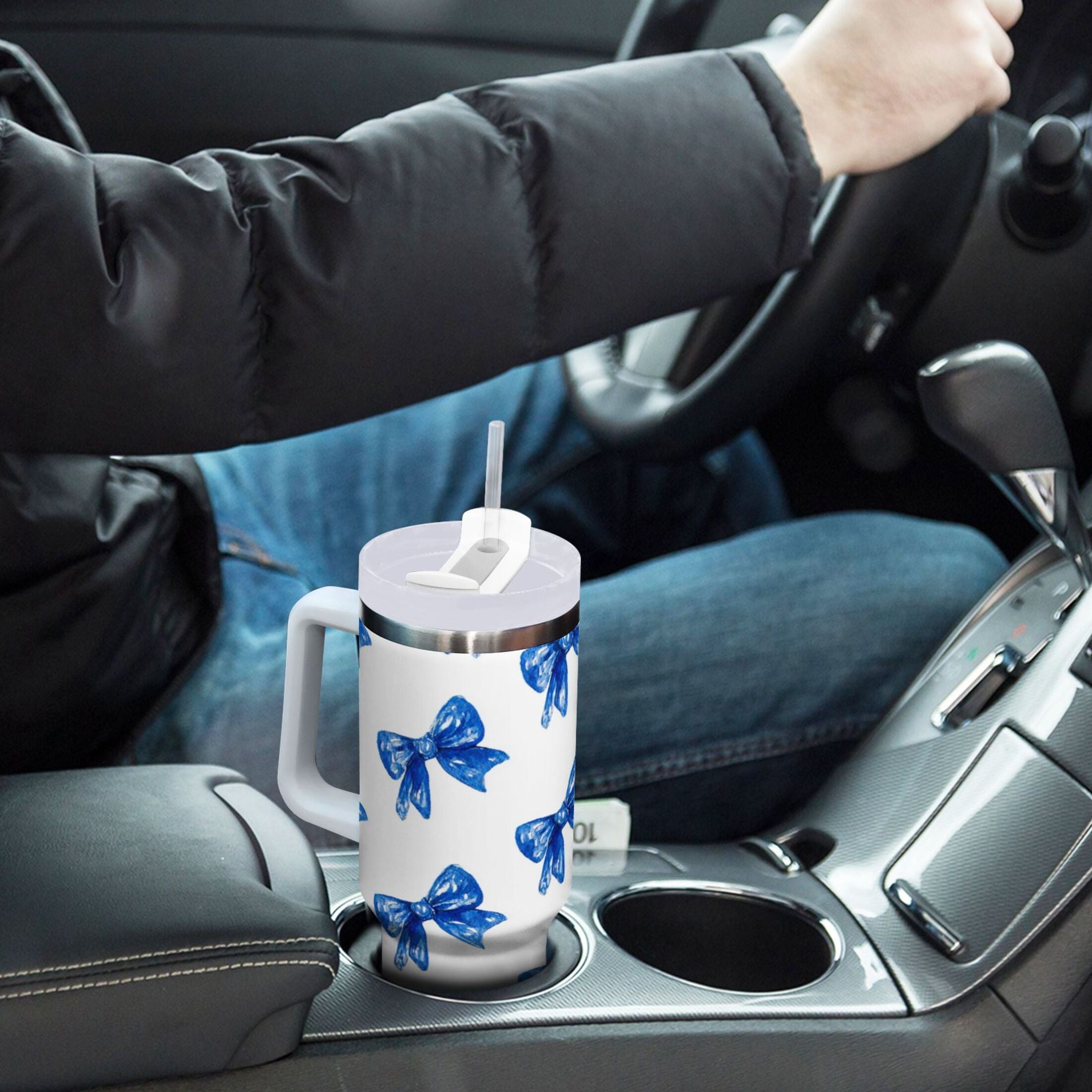 30 oz Insulated Stainless Steel Tumbler Double Wall Stainless Steel Tumbler with 2-Way Drinking Blue Bows Pattern C620X