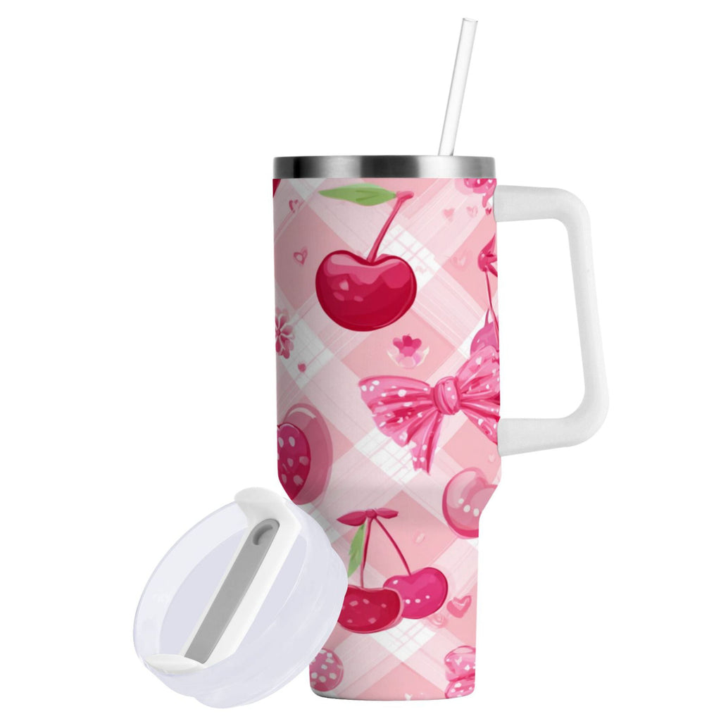 30 oz Insulated Stainless Steel Tumbler Double Wall Stainless Steel Tumbler with 2-Way Drinking Cherry and Pink Bow Pattern C617C