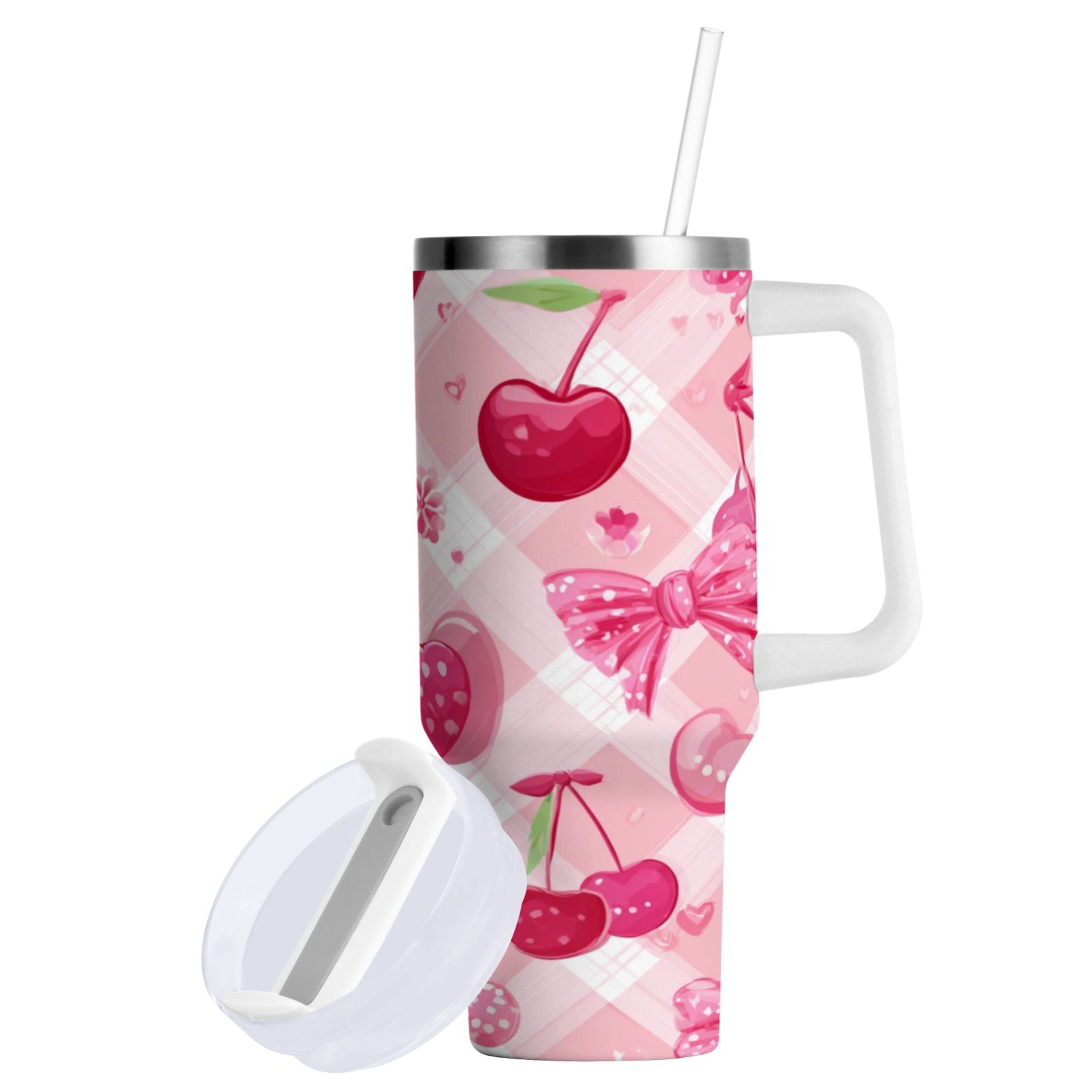 30 oz Insulated Stainless Steel Tumbler Double Wall Stainless Steel Tumbler with 2-Way Drinking Cherry and Pink Bow Pattern C617C