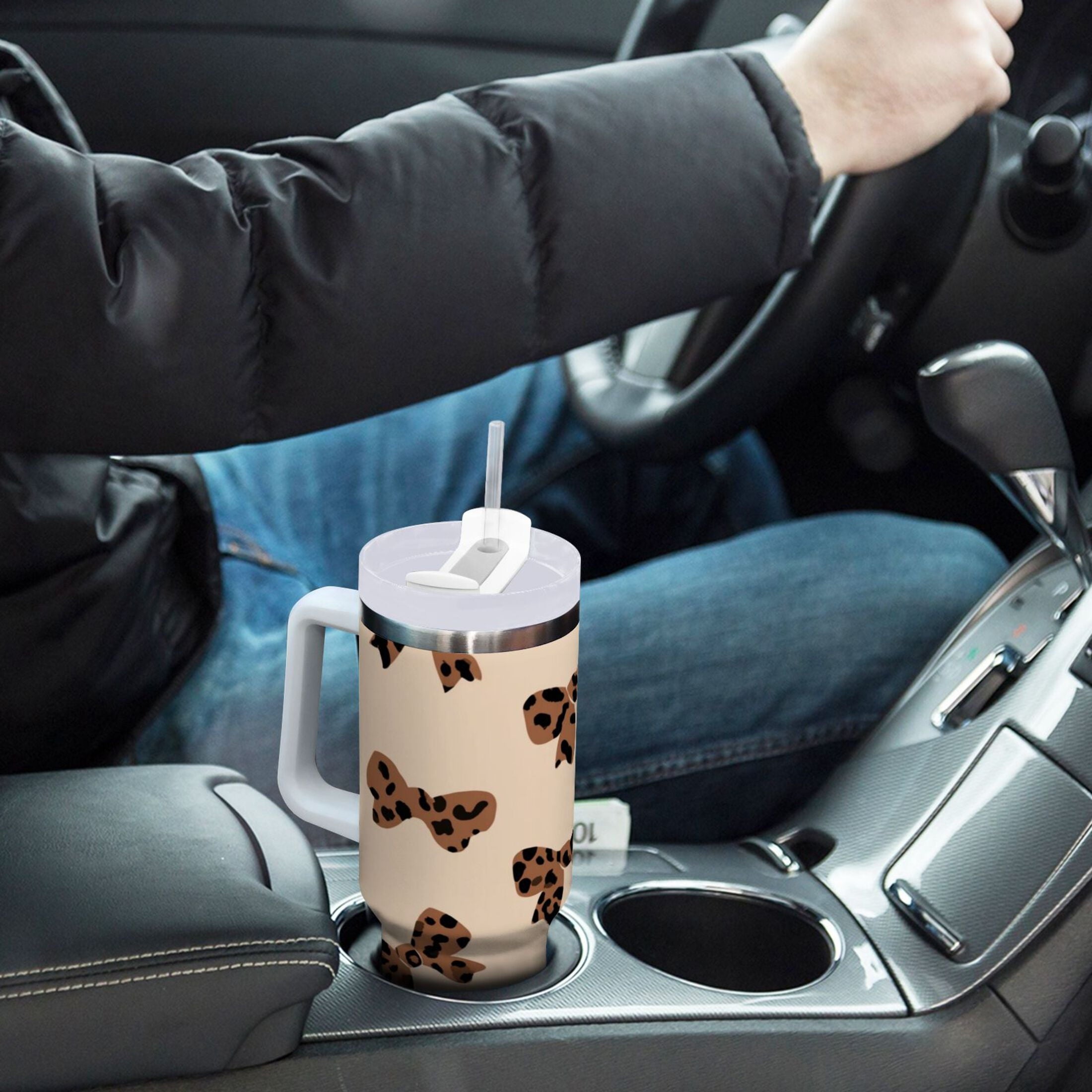 30 oz Insulated Stainless Steel Tumbler Double Wall Stainless Steel Tumbler with 2-Way Drinking Cute Brown Bow C528C