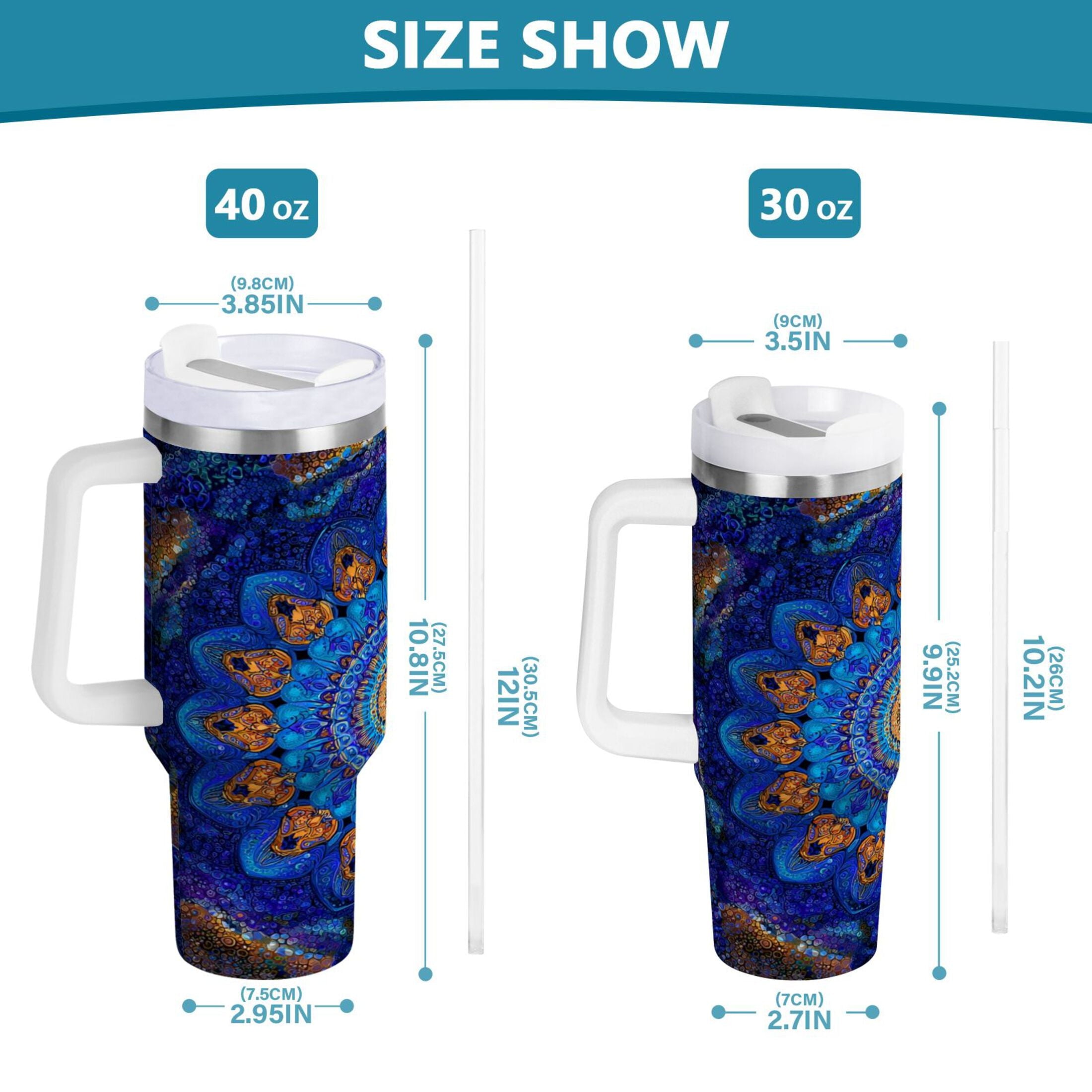 30 oz Insulated Stainless Steel Tumbler Double Wall Stainless Steel Tumbler with 2-Way Drinking Blue Kaleidoscopic Pattern C458A