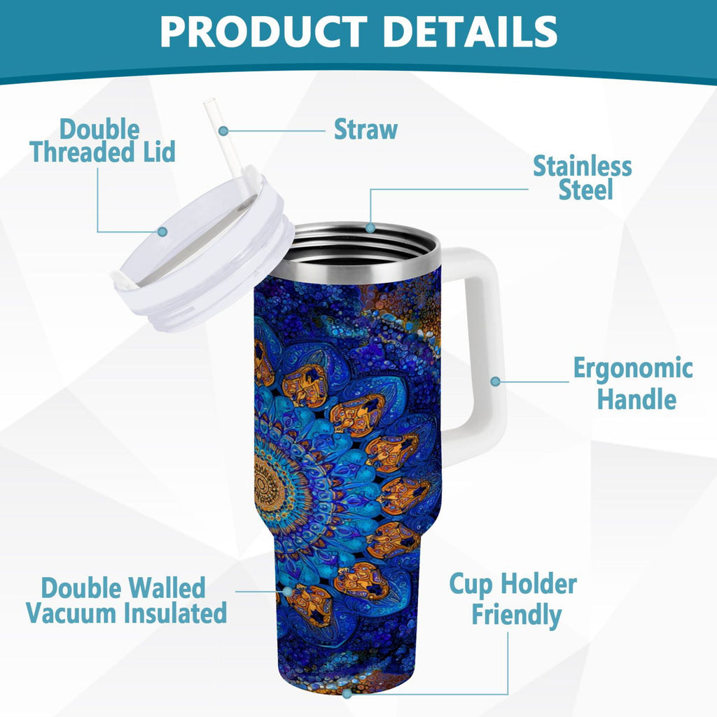 30 oz Insulated Stainless Steel Tumbler Double Wall Stainless Steel Tumbler with 2-Way Drinking Blue Kaleidoscopic Pattern C458A