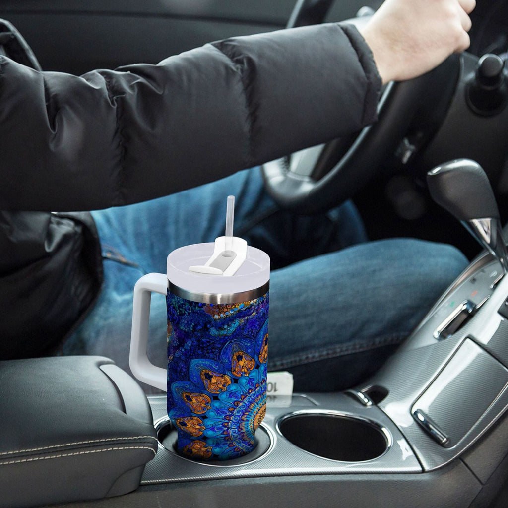 30 oz Insulated Stainless Steel Tumbler Double Wall Stainless Steel Tumbler with 2-Way Drinking Blue Kaleidoscopic Pattern C458A