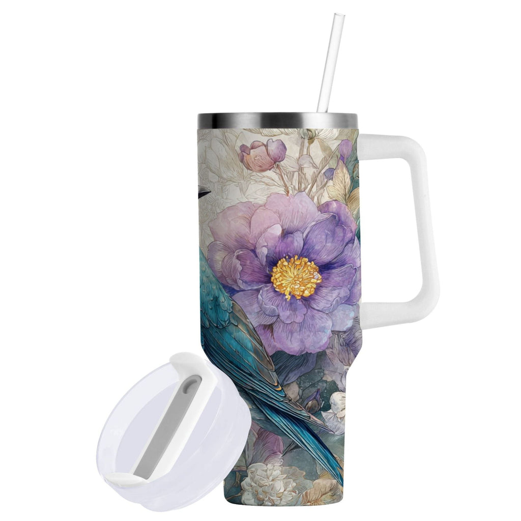 30 oz Insulated Stainless Steel Tumbler Double Wall Stainless Steel Tumbler with 2-Way Drinking Bluebird and Flower C538C