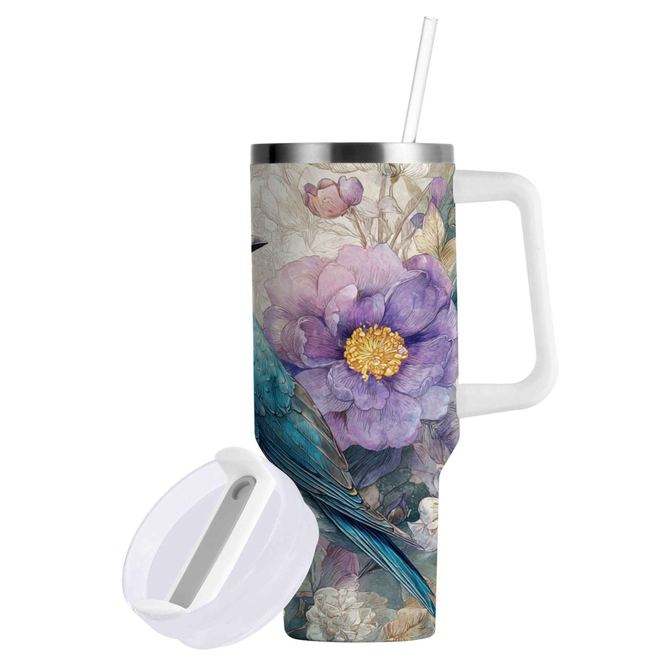 30 oz Insulated Stainless Steel Tumbler Double Wall Stainless Steel Tumbler with 2-Way Drinking Bluebird and Flower C538C