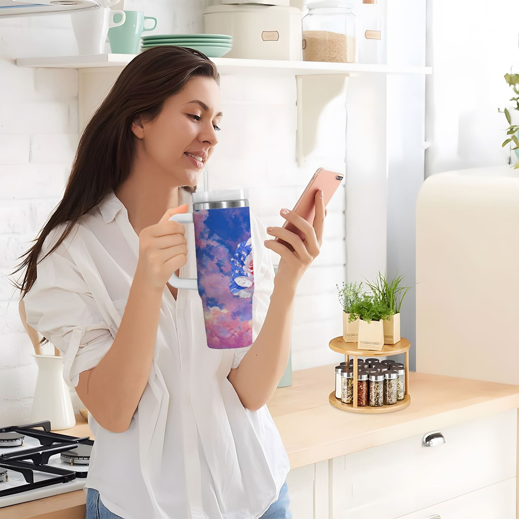 30 oz Insulated Stainless Steel Tumbler Double Wall Stainless Steel Tumbler with 2-Way Drinking Rose with Flag Pattern C547K