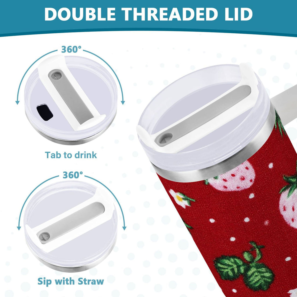 30 oz Insulated Stainless Steel Tumbler Double Wall Stainless Steel Tumbler with 2-Way Drinking Cute Pink Strawberry Pattern C630F