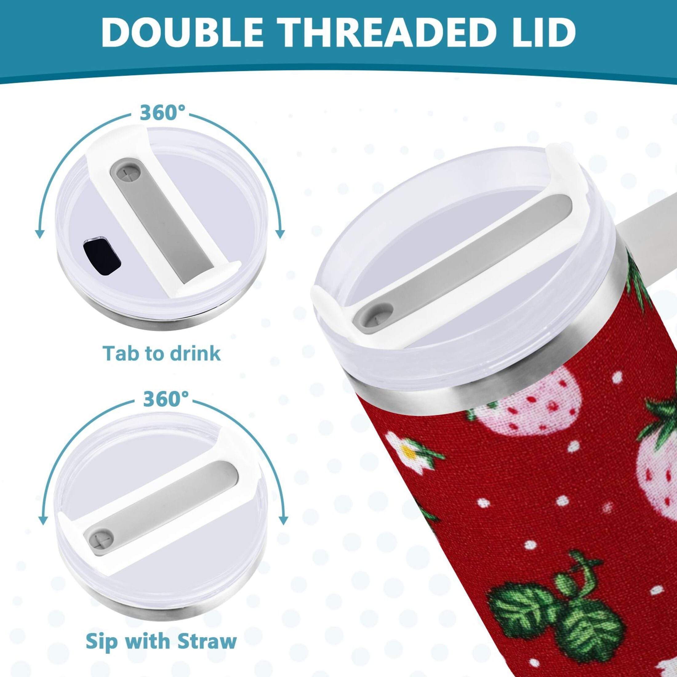 30 oz Insulated Stainless Steel Tumbler Double Wall Stainless Steel Tumbler with 2-Way Drinking Cute Pink Strawberry Pattern C630F