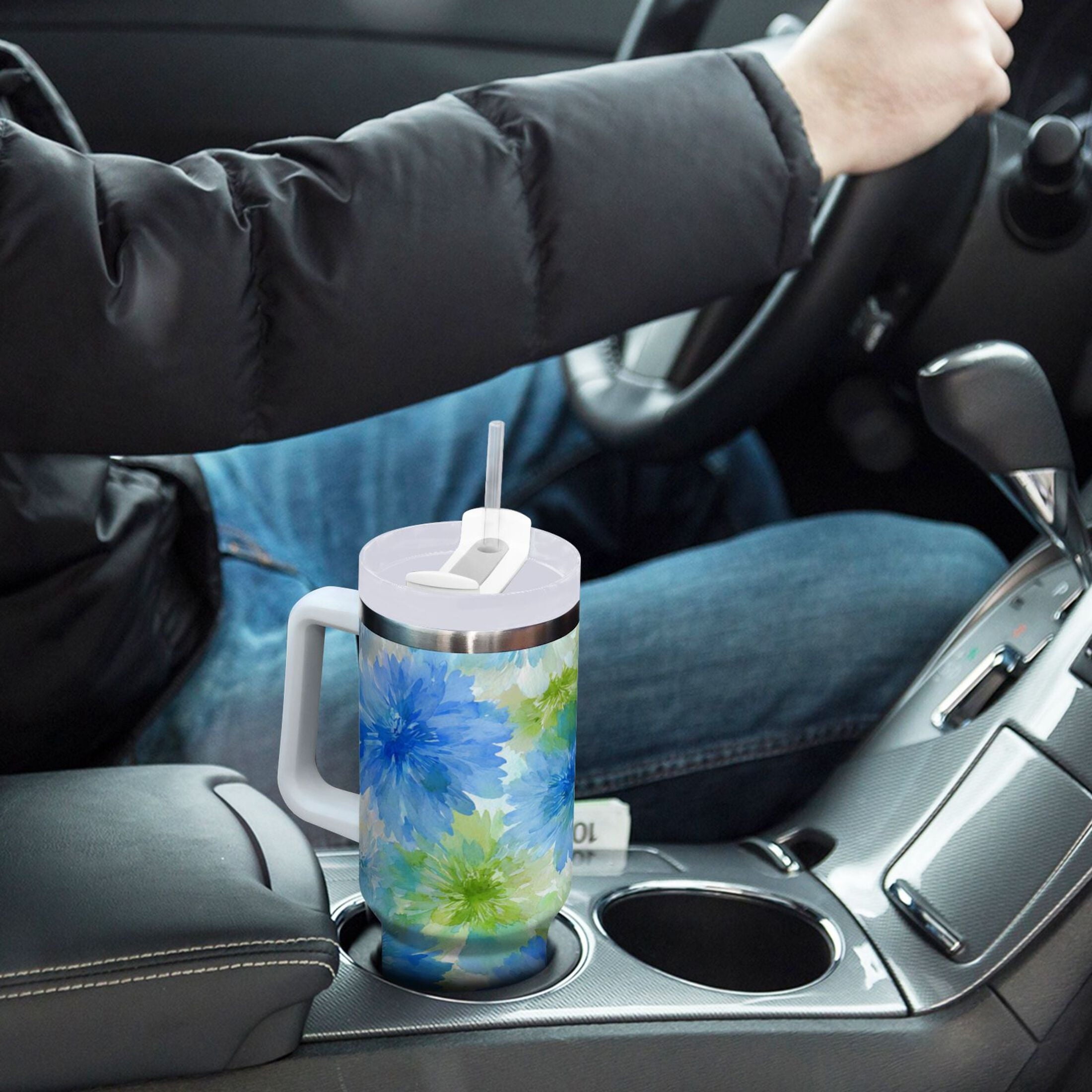 40 oz Insulated Stainless Steel Tumbler Double Wall Stainless Steel Tumbler with 2-Way Drinking Watercolor Blue Cornflowers C567W