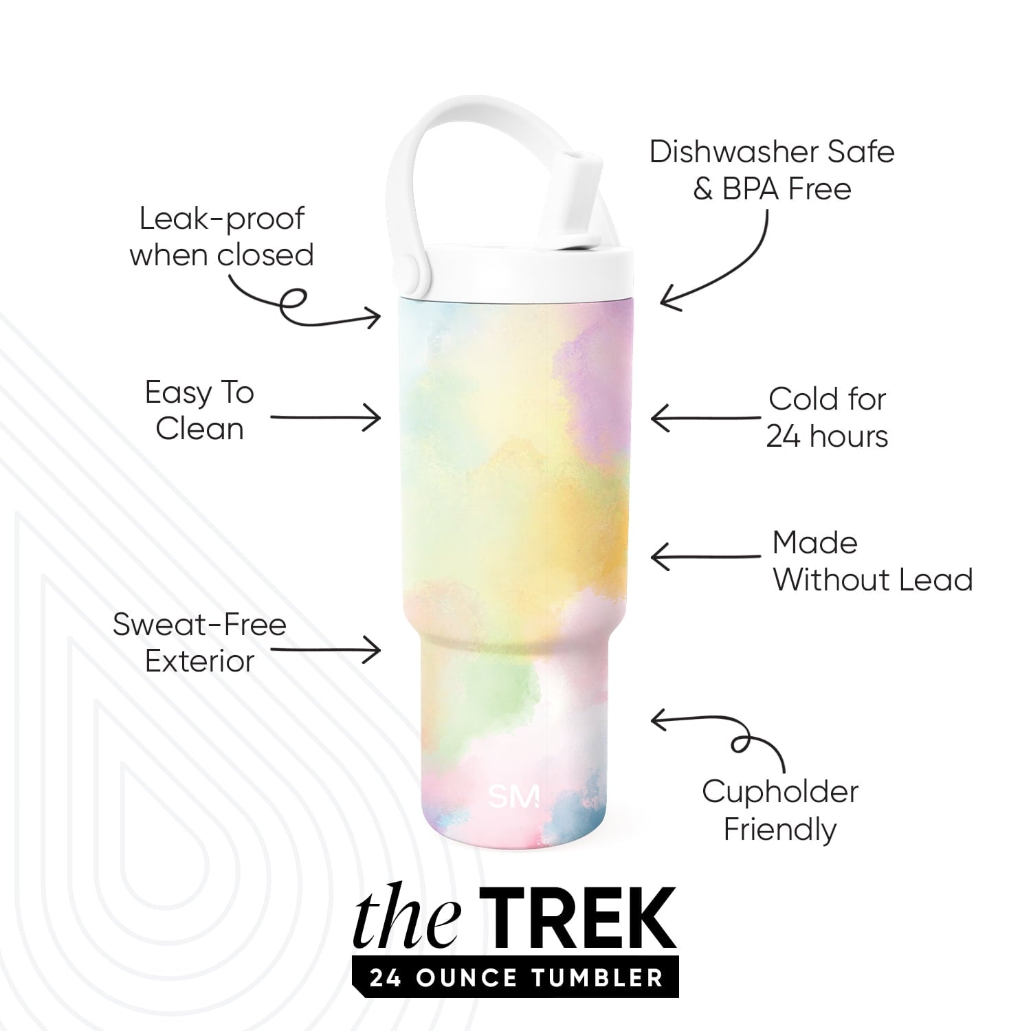 Simple Modern 24 fl oz Insulated Stainless Steel Trek Pivot Tumbler with Straw Lid and Top Handle|Cotton Candy Tie Dye C407C