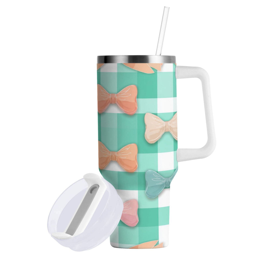 40 oz Insulated Stainless Steel Tumbler Double Wall Stainless Steel Tumbler with 2-Way Drinking Pastel Green and Peach Bows C494W