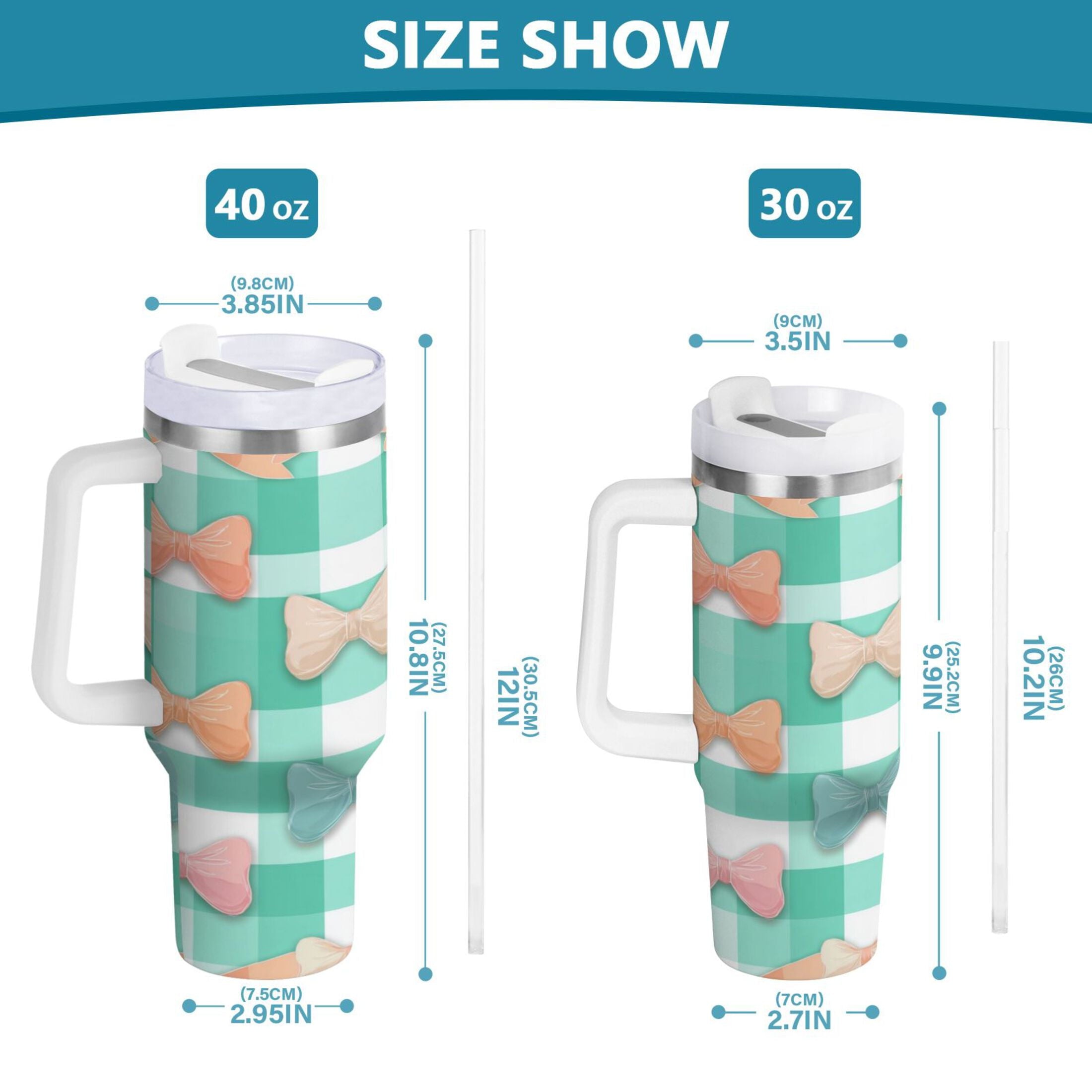 40 oz Insulated Stainless Steel Tumbler Double Wall Stainless Steel Tumbler with 2-Way Drinking Pastel Green and Peach Bows C494W