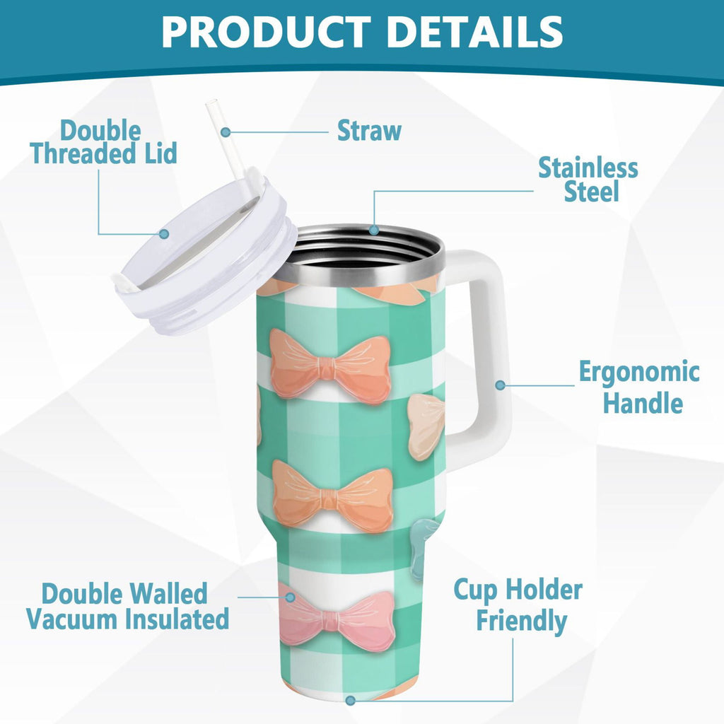 40 oz Insulated Stainless Steel Tumbler Double Wall Stainless Steel Tumbler with 2-Way Drinking Pastel Green and Peach Bows C494W