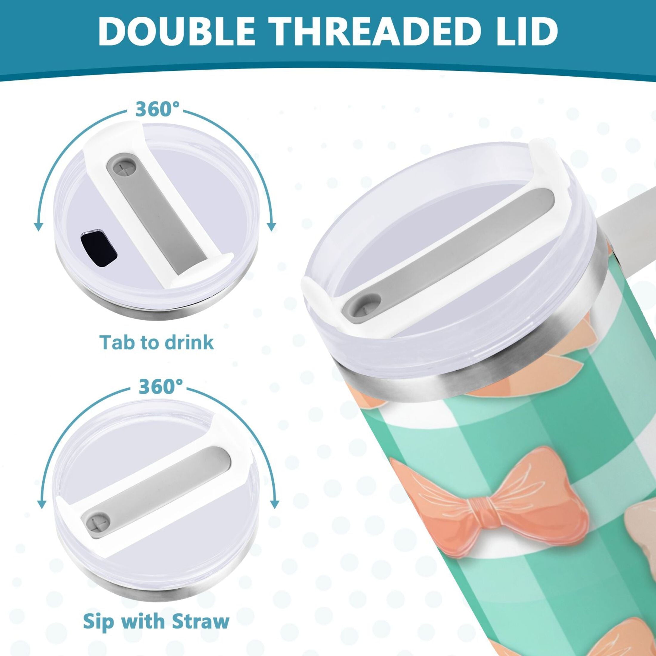 40 oz Insulated Stainless Steel Tumbler Double Wall Stainless Steel Tumbler with 2-Way Drinking Pastel Green and Peach Bows C494W