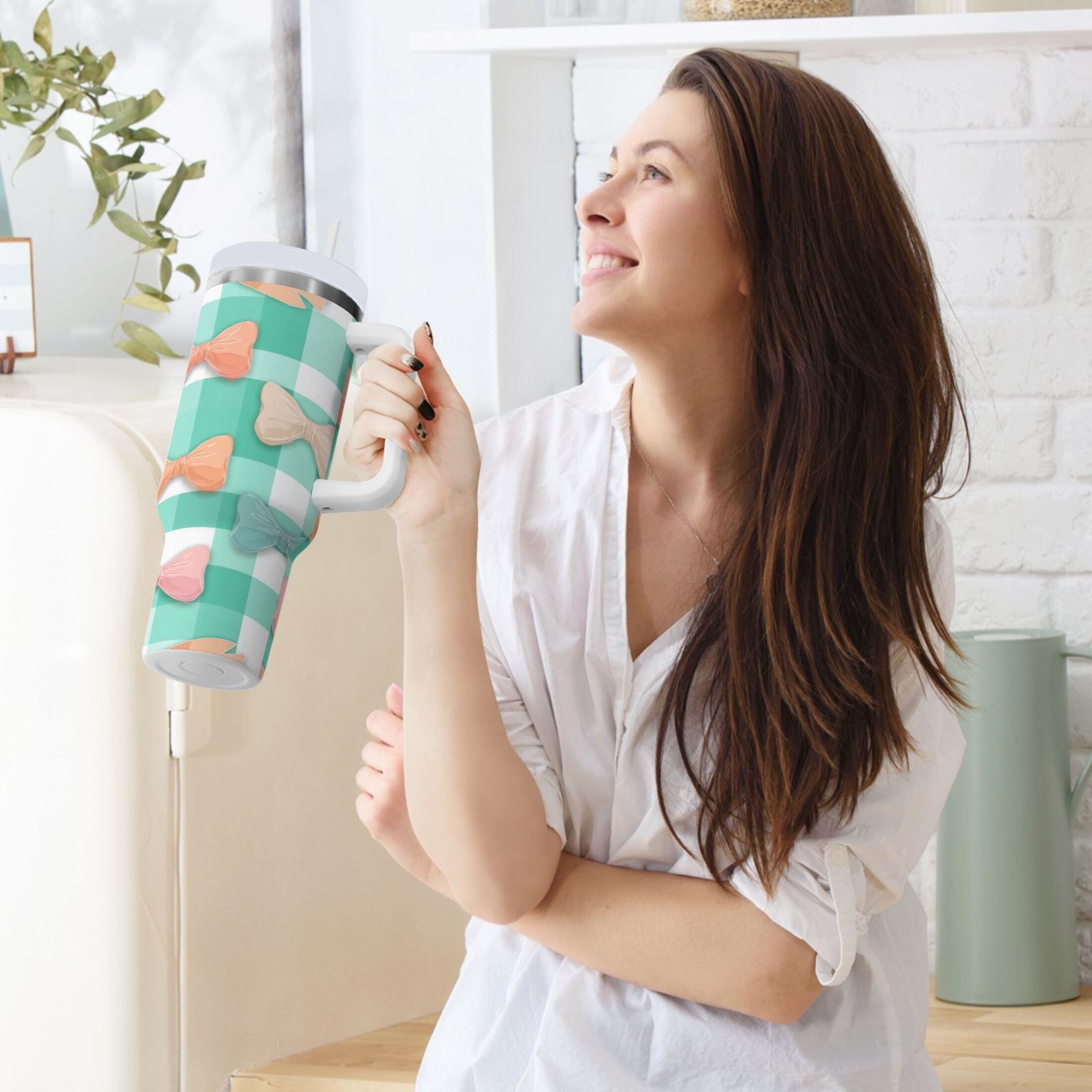 40 oz Insulated Stainless Steel Tumbler Double Wall Stainless Steel Tumbler with 2-Way Drinking Pastel Green and Peach Bows C494W