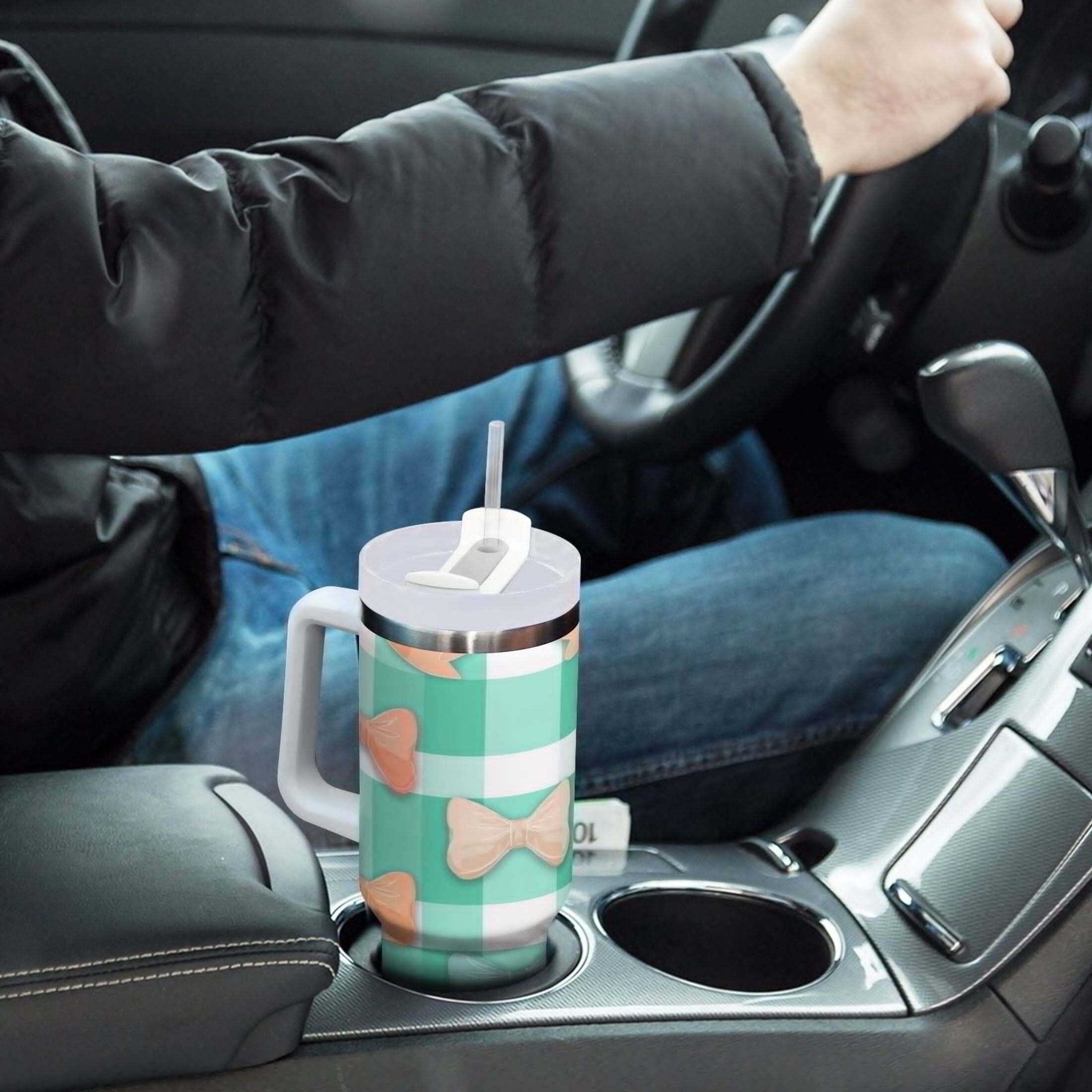 40 oz Insulated Stainless Steel Tumbler Double Wall Stainless Steel Tumbler with 2-Way Drinking Pastel Green and Peach Bows C494W