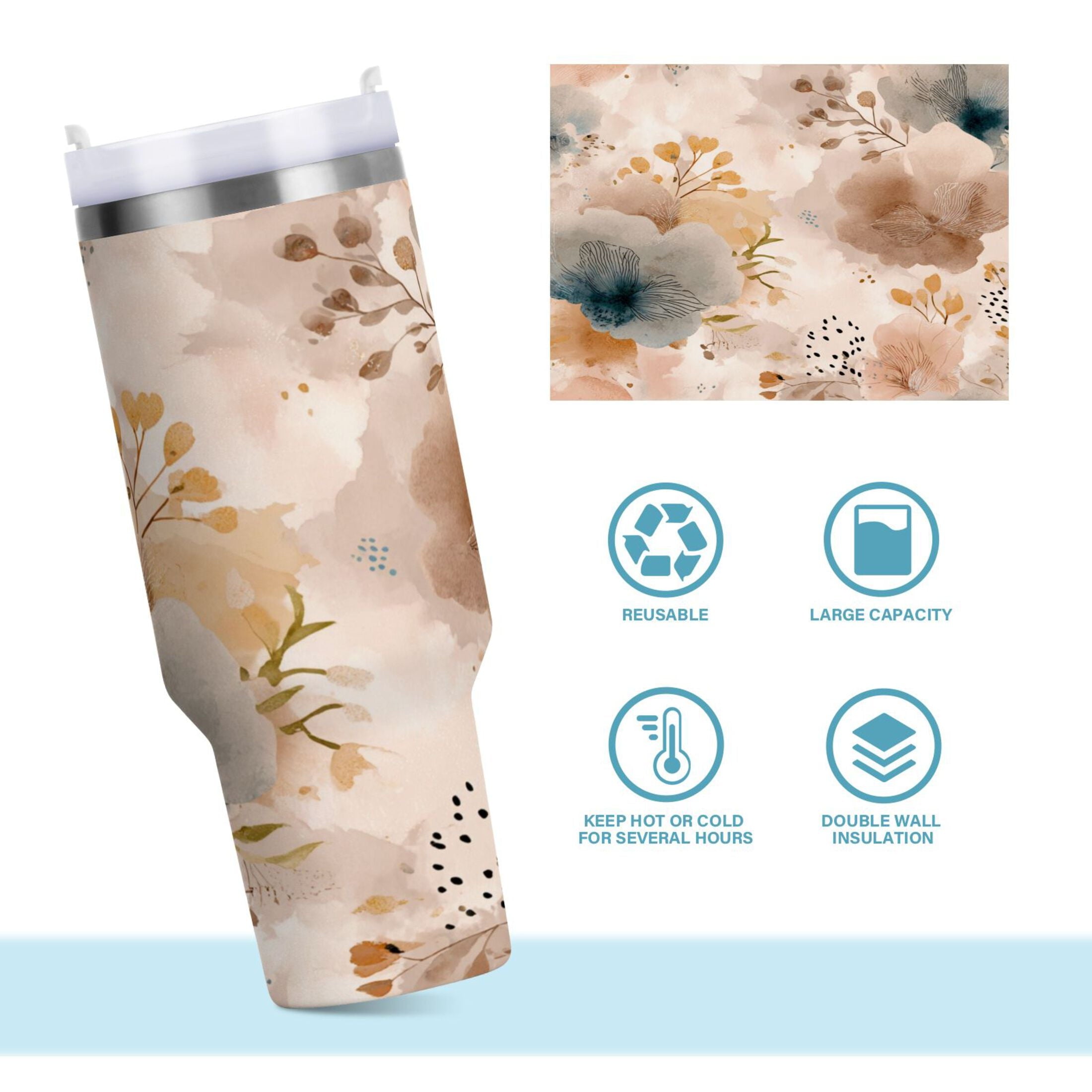 30 oz Insulated Stainless Steel Tumbler Double Wall Stainless Steel Tumbler with 2-Way Drinking Hazy Ethereal Flowers C445S