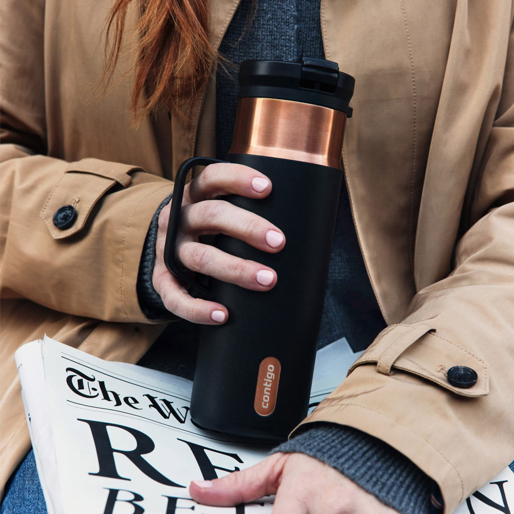Contigo SnapSeal Leakproof Stainless Steel Reusable Water Bottle Tumbler with Side Handle, Dark Blue/Bronze, 20 oz C033X