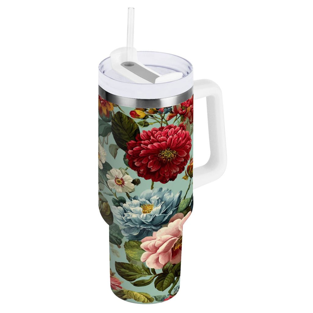40 oz Insulated Stainless Steel Tumbler Double Wall Stainless Steel Tumbler with 2-Way Drinking Floral Pattern with Roses C485L