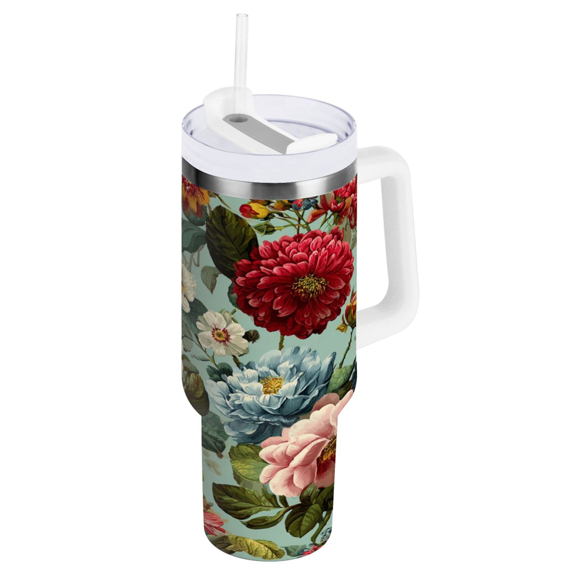 40 oz Insulated Stainless Steel Tumbler Double Wall Stainless Steel Tumbler with 2-Way Drinking Floral Pattern with Roses C485L