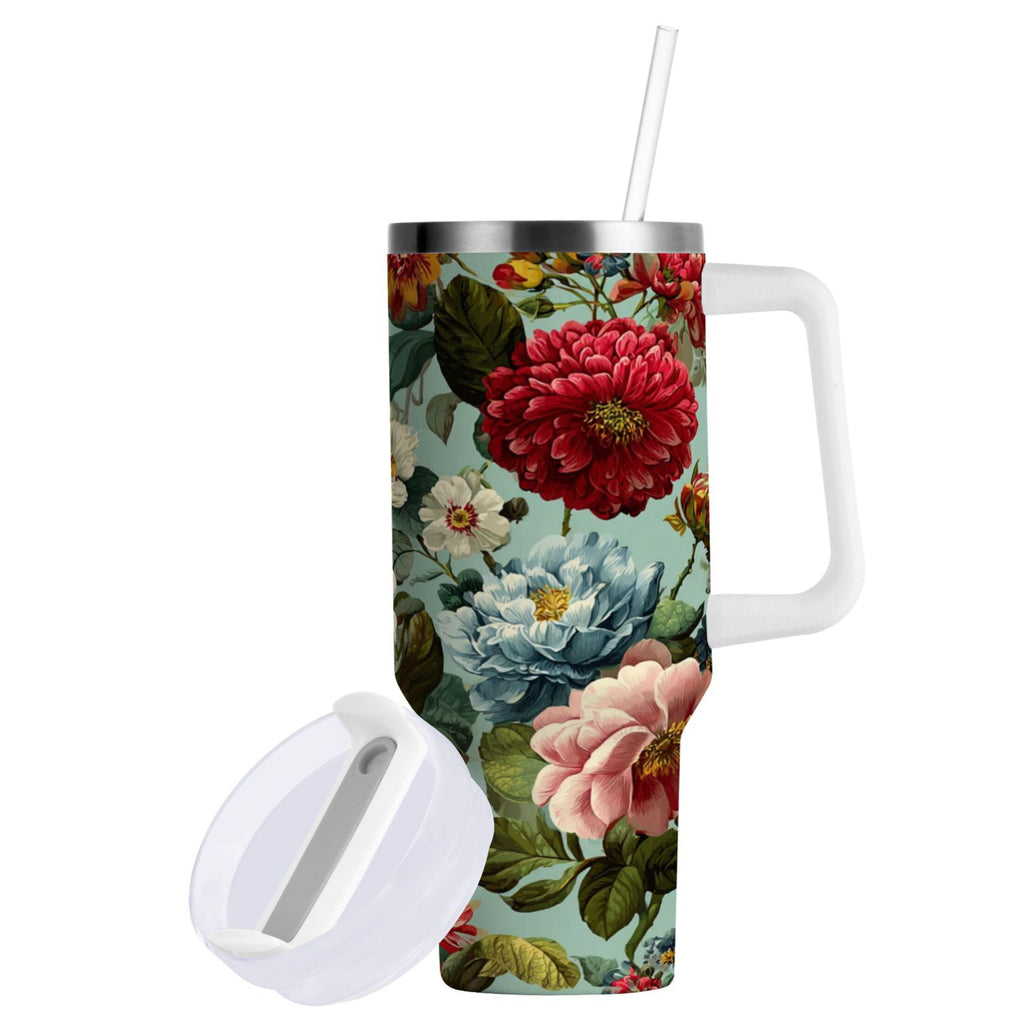 40 oz Insulated Stainless Steel Tumbler Double Wall Stainless Steel Tumbler with 2-Way Drinking Floral Pattern with Roses C485L