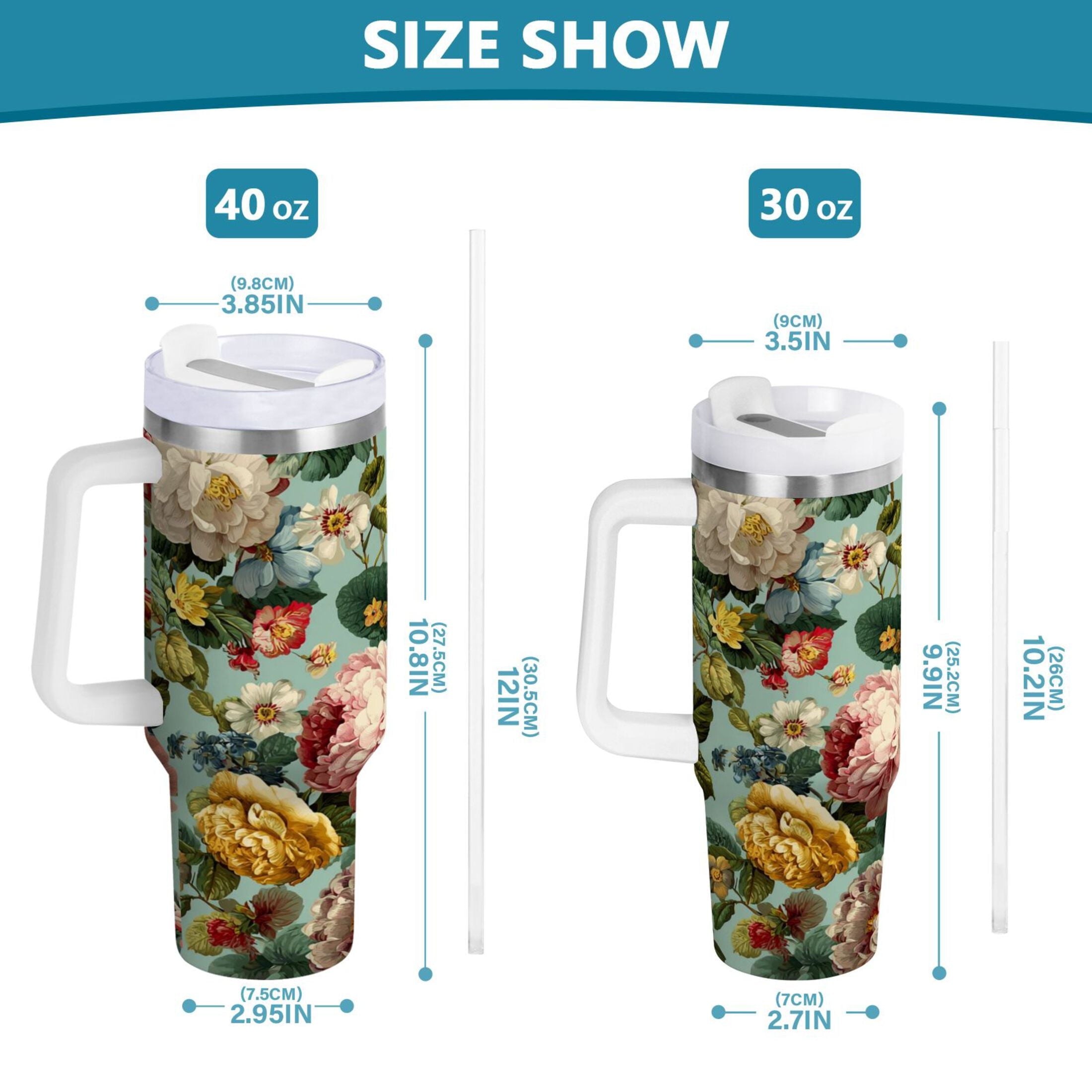 40 oz Insulated Stainless Steel Tumbler Double Wall Stainless Steel Tumbler with 2-Way Drinking Floral Pattern with Roses C485L