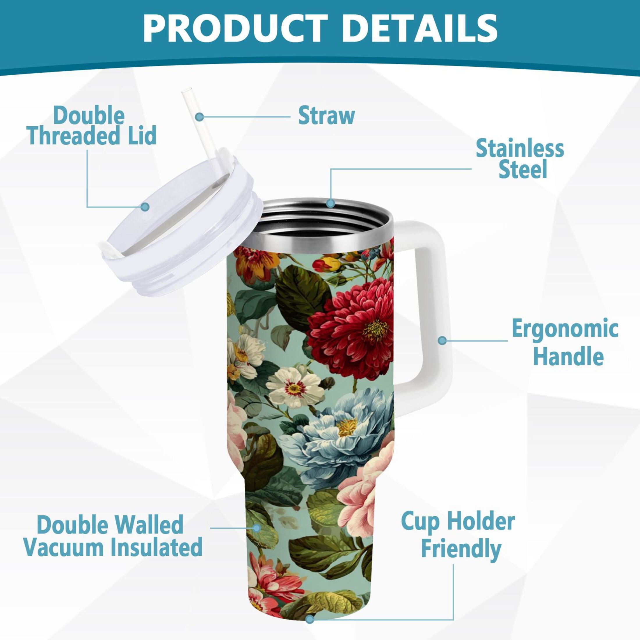 40 oz Insulated Stainless Steel Tumbler Double Wall Stainless Steel Tumbler with 2-Way Drinking Floral Pattern with Roses C485L
