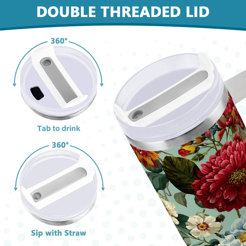 40 oz Insulated Stainless Steel Tumbler Double Wall Stainless Steel Tumbler with 2-Way Drinking Floral Pattern with Roses C485L