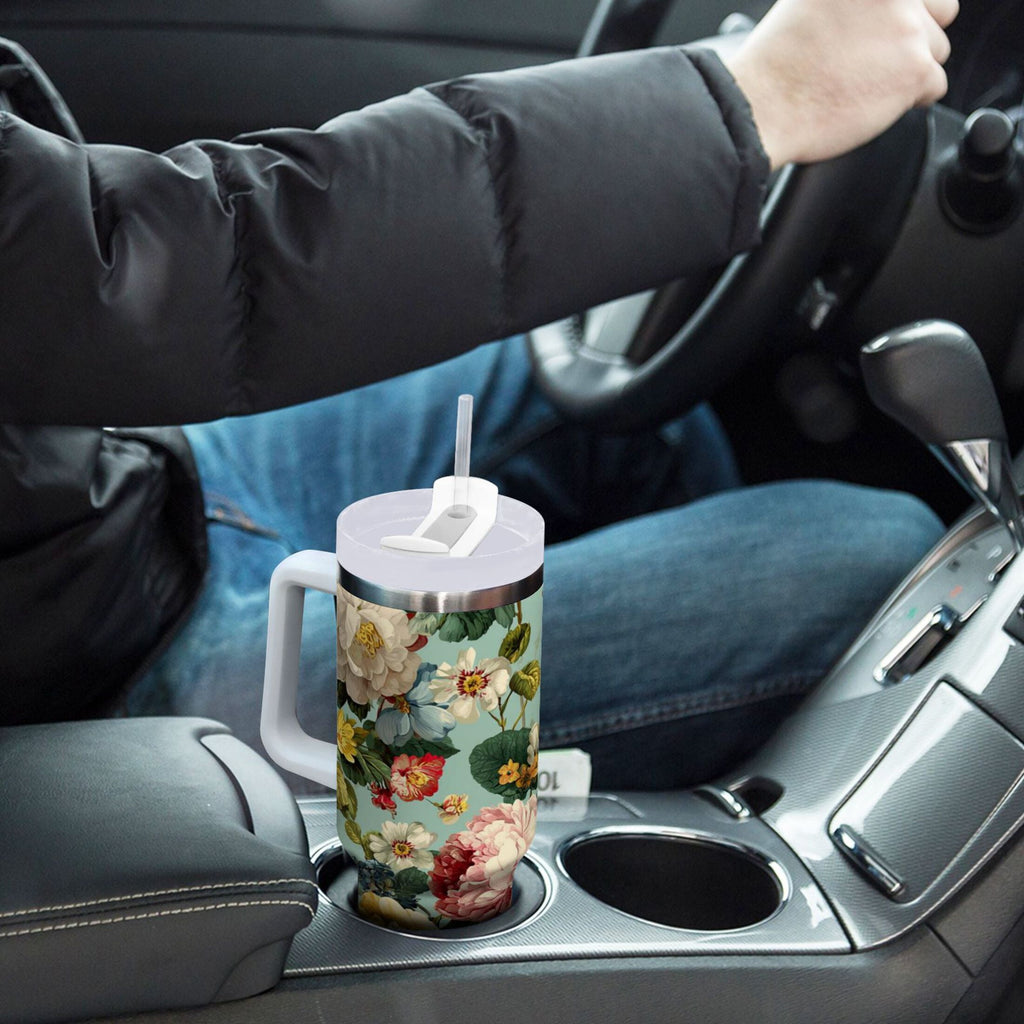 40 oz Insulated Stainless Steel Tumbler Double Wall Stainless Steel Tumbler with 2-Way Drinking Floral Pattern with Roses C485L