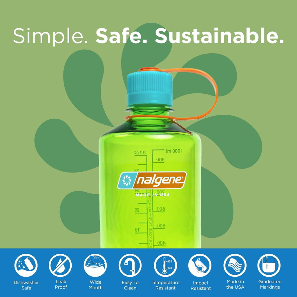 Nalgene Sustain Tritan BPA-Free Water Bottle Made with Material Derived from 50% Plastic Waste, 32 OZ, Narrow Mouth, Pear C153L