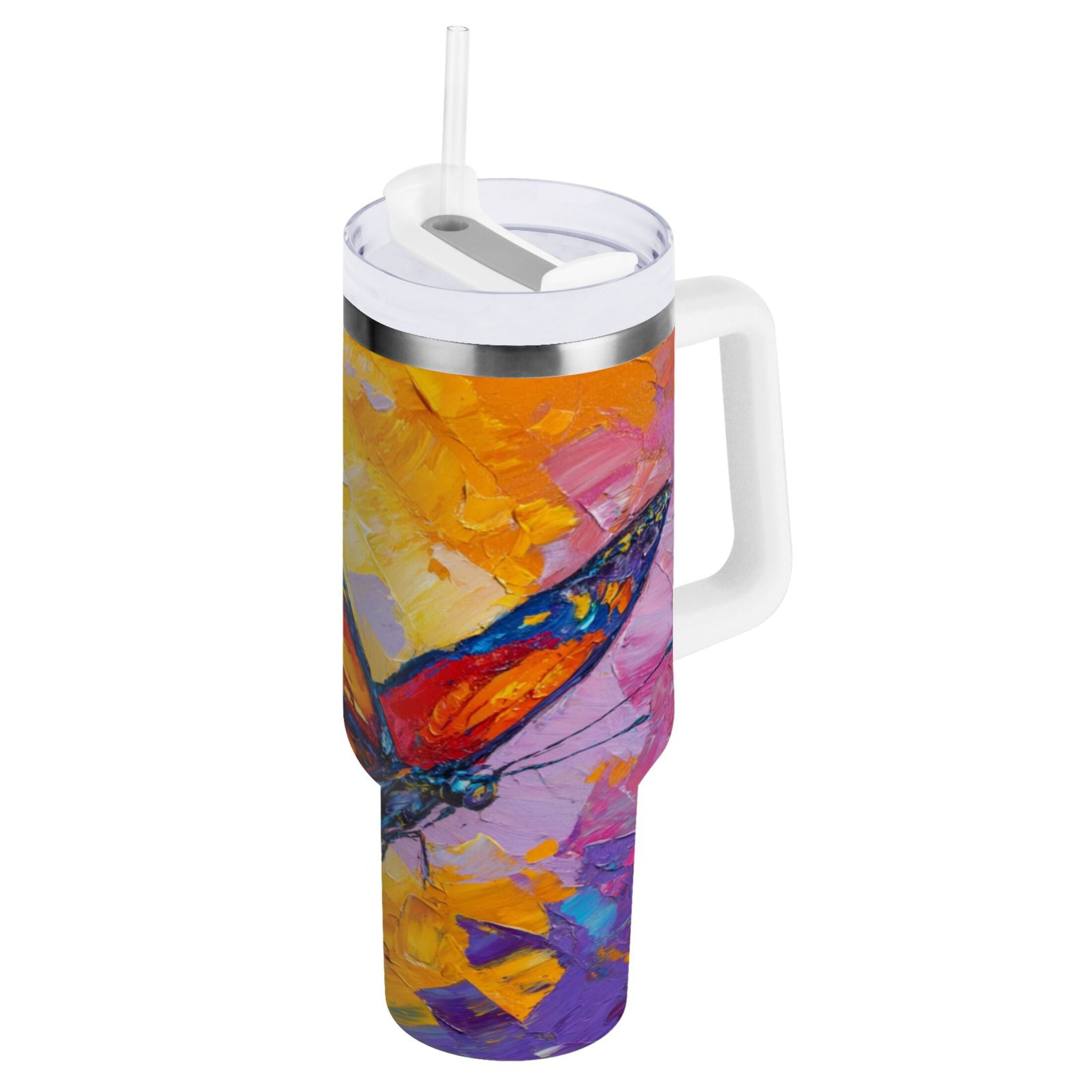 30 oz Insulated Stainless Steel Tumbler Double Wall Stainless Steel Tumbler with 2-Way Drinking Colorful Butterfly Flying C473M