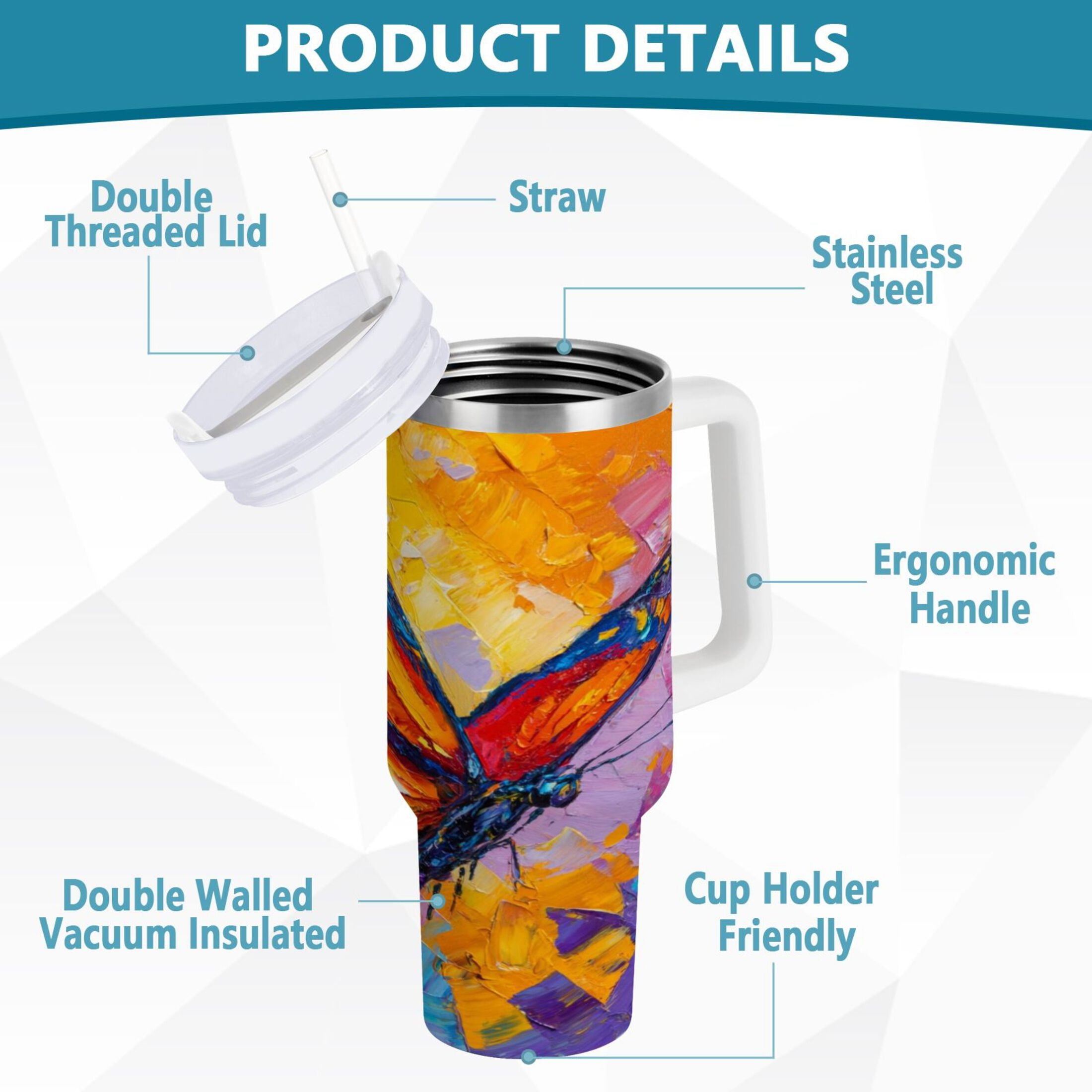 30 oz Insulated Stainless Steel Tumbler Double Wall Stainless Steel Tumbler with 2-Way Drinking Colorful Butterfly Flying C473M
