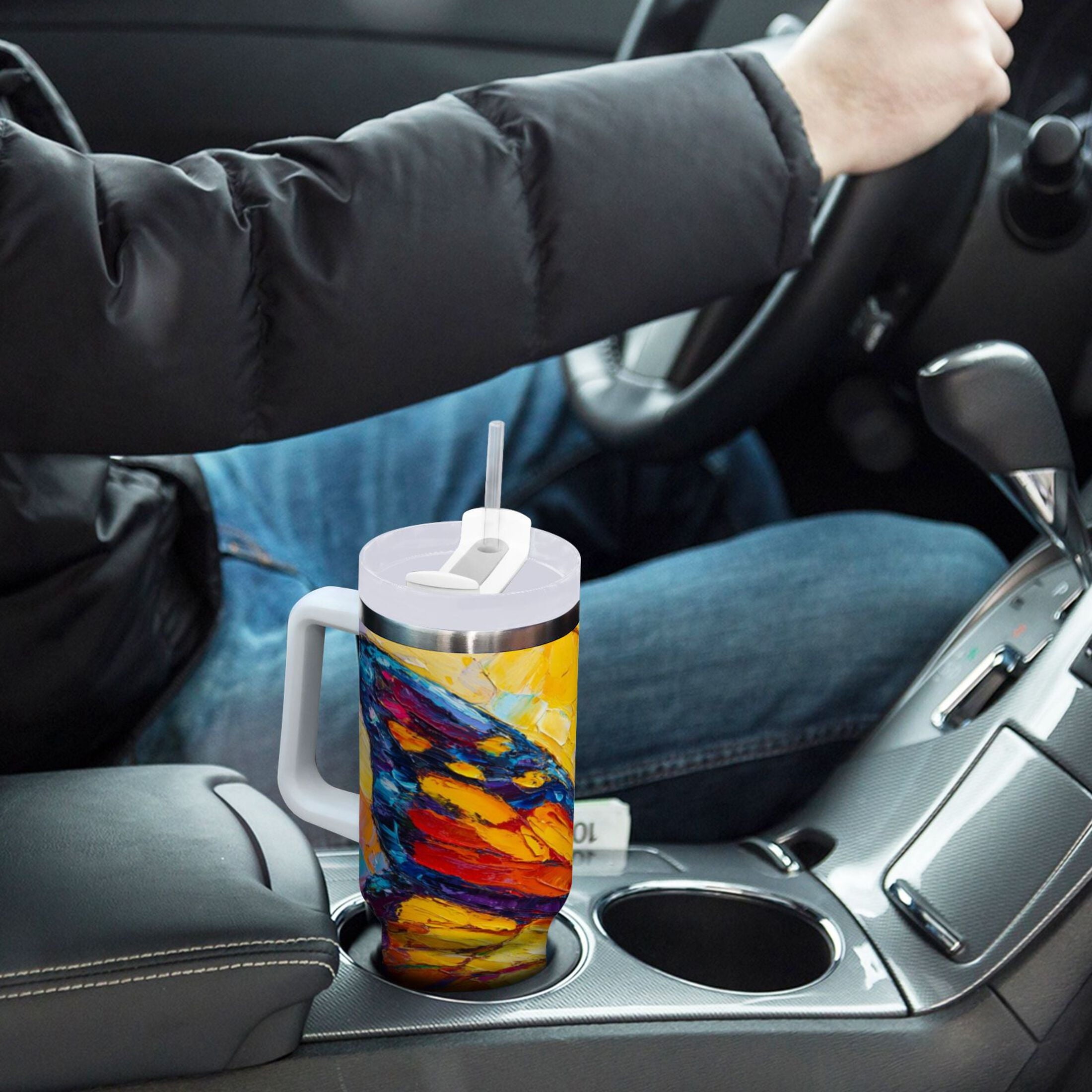 30 oz Insulated Stainless Steel Tumbler Double Wall Stainless Steel Tumbler with 2-Way Drinking Colorful Butterfly Flying C473M